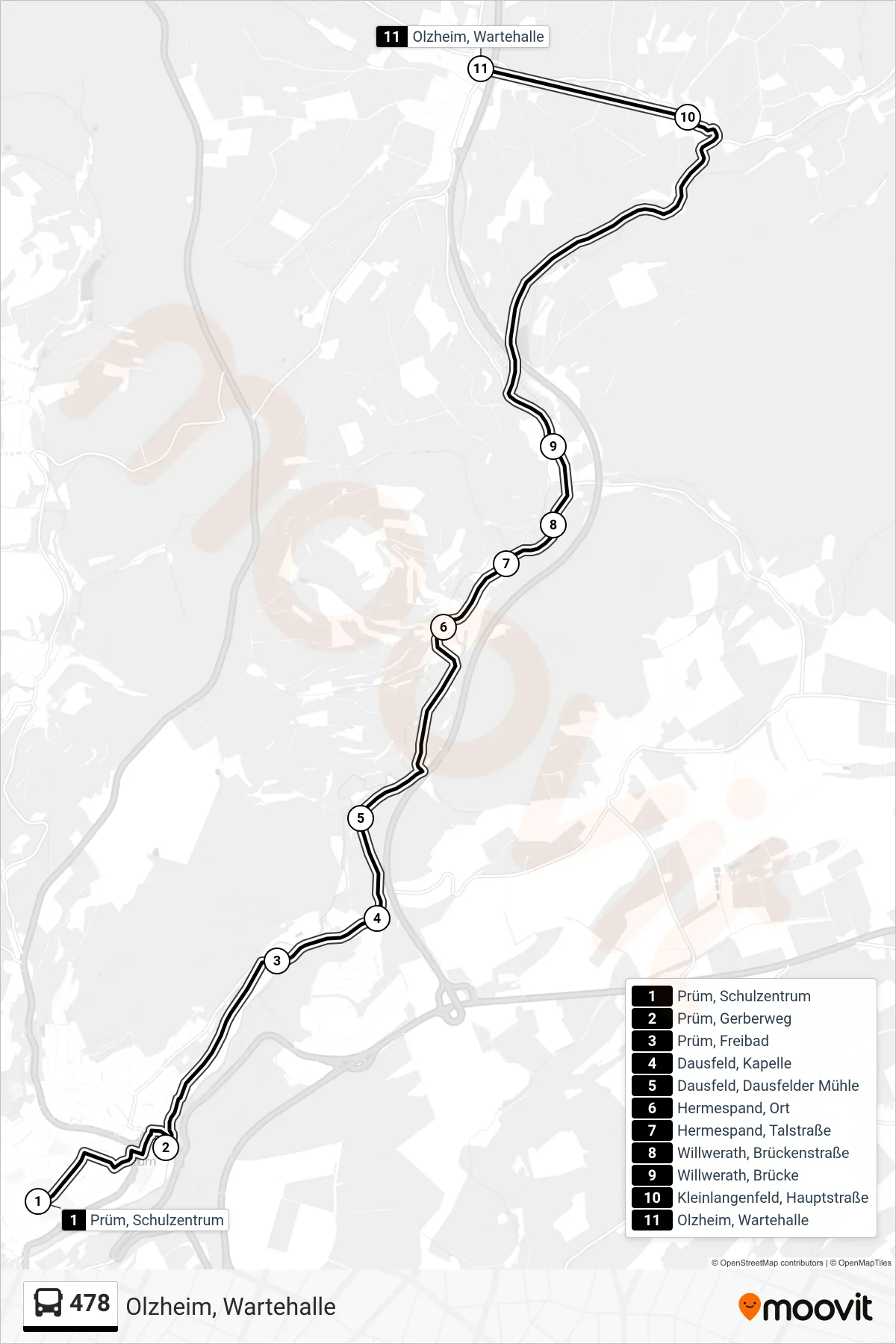 478 bus Line (Olzheim, Wartehalle) route and stops on a map