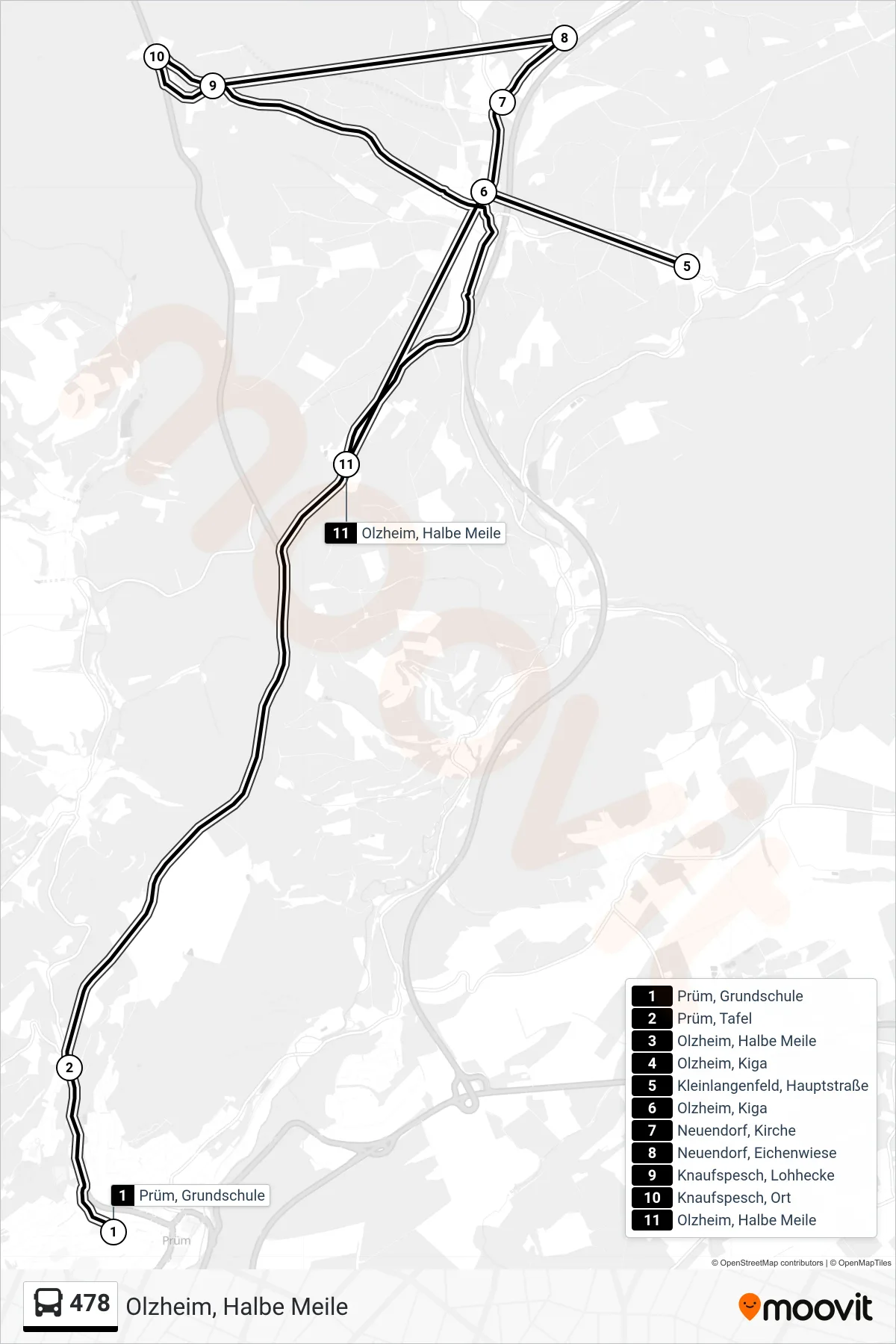478 bus Line (Olzheim, Halbe Meile) route and stops on a map