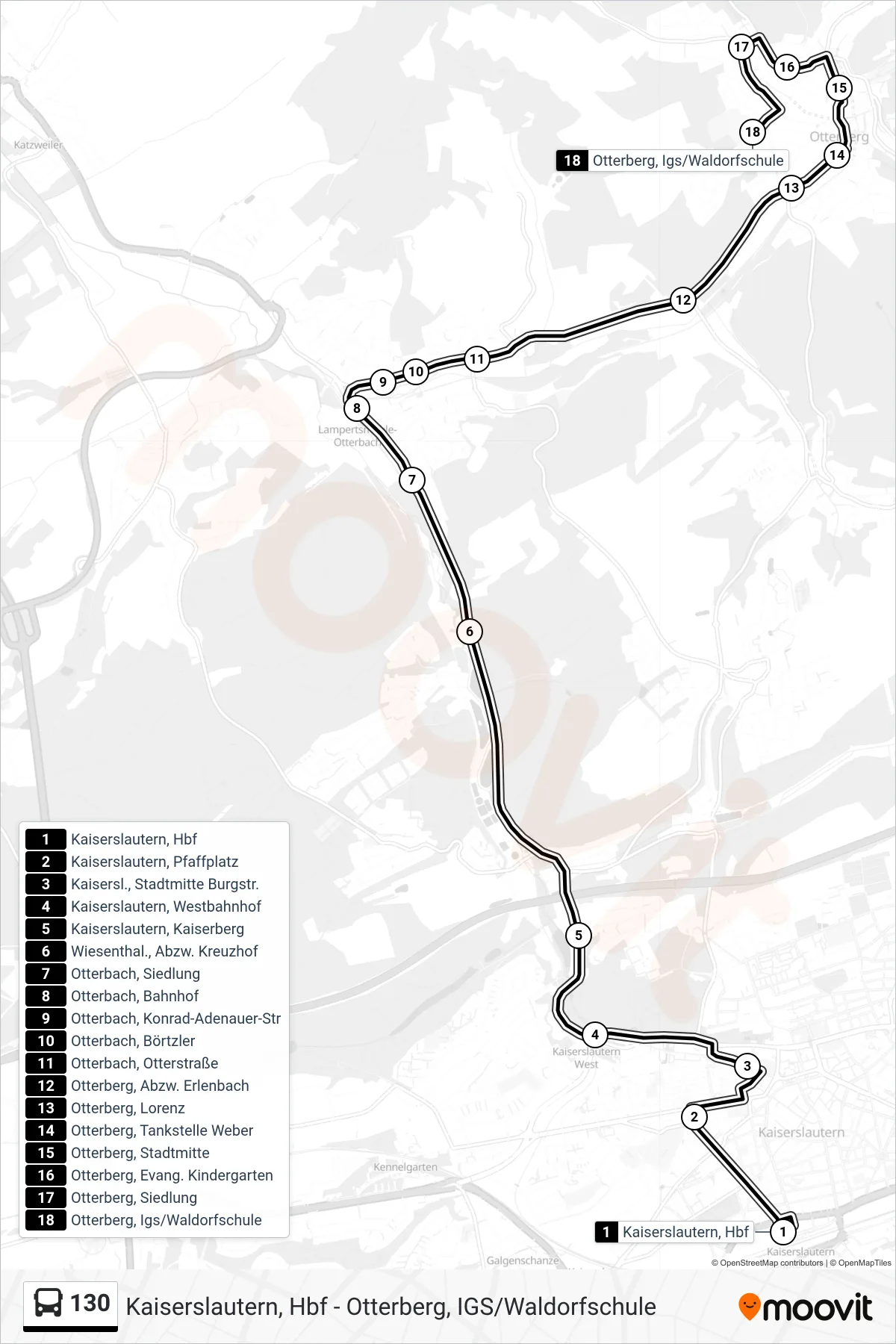 Linie 130 (Bus) Richtung Otterberg, Igs/Waldorfschule: Route und Haltestellen auf der Karte