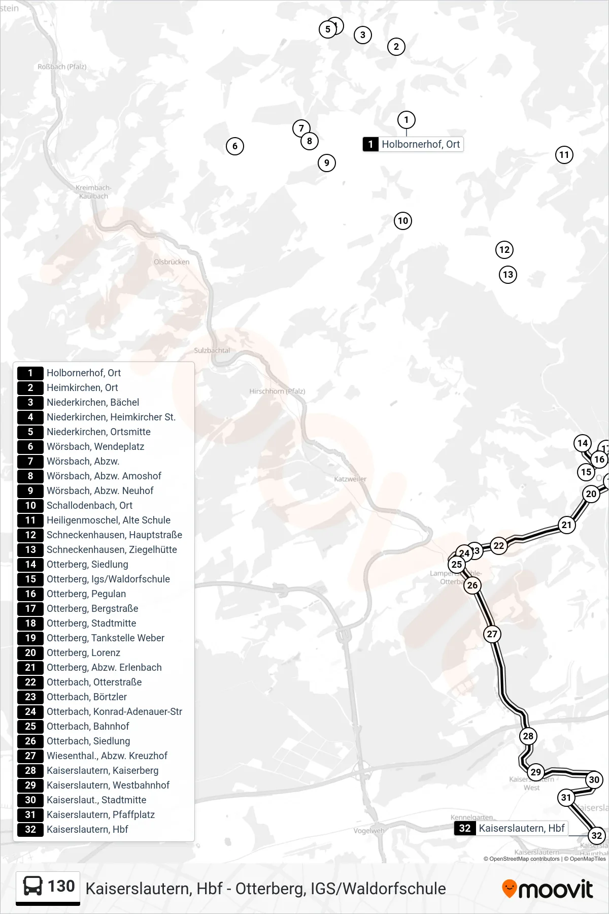 130 bus Line (Kaiserslautern, Hbf) route and stops on a map