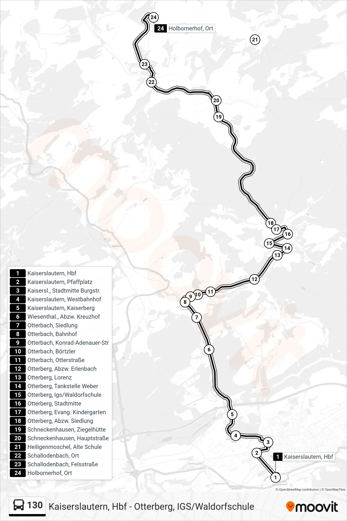130 bus Line (Holbornerhof, Ort) route and stops on a map