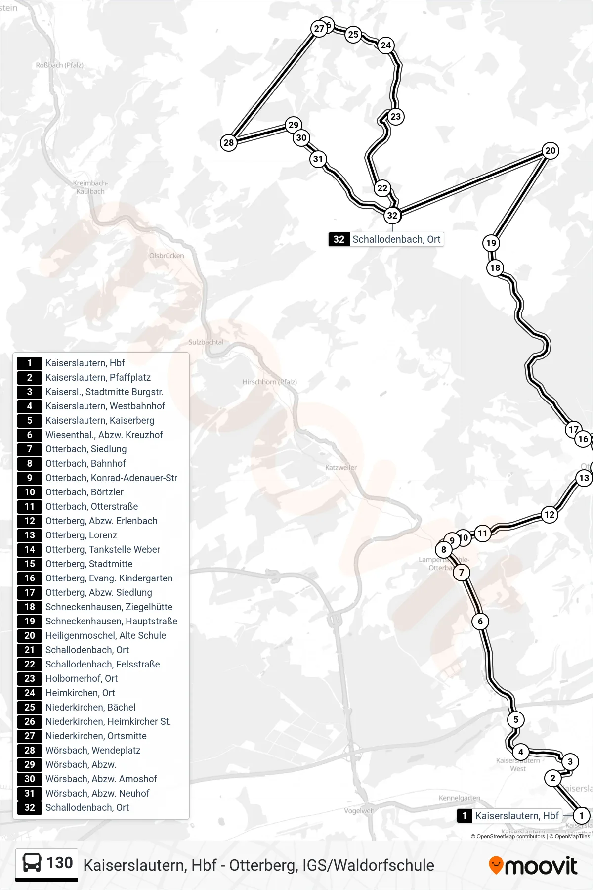 130 bus Line (Schallodenbach, Ort) route and stops on a map