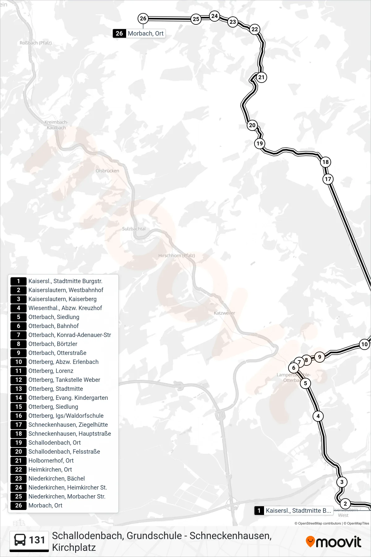 131 bus Line (Morbach, Ort) route and stops on a map