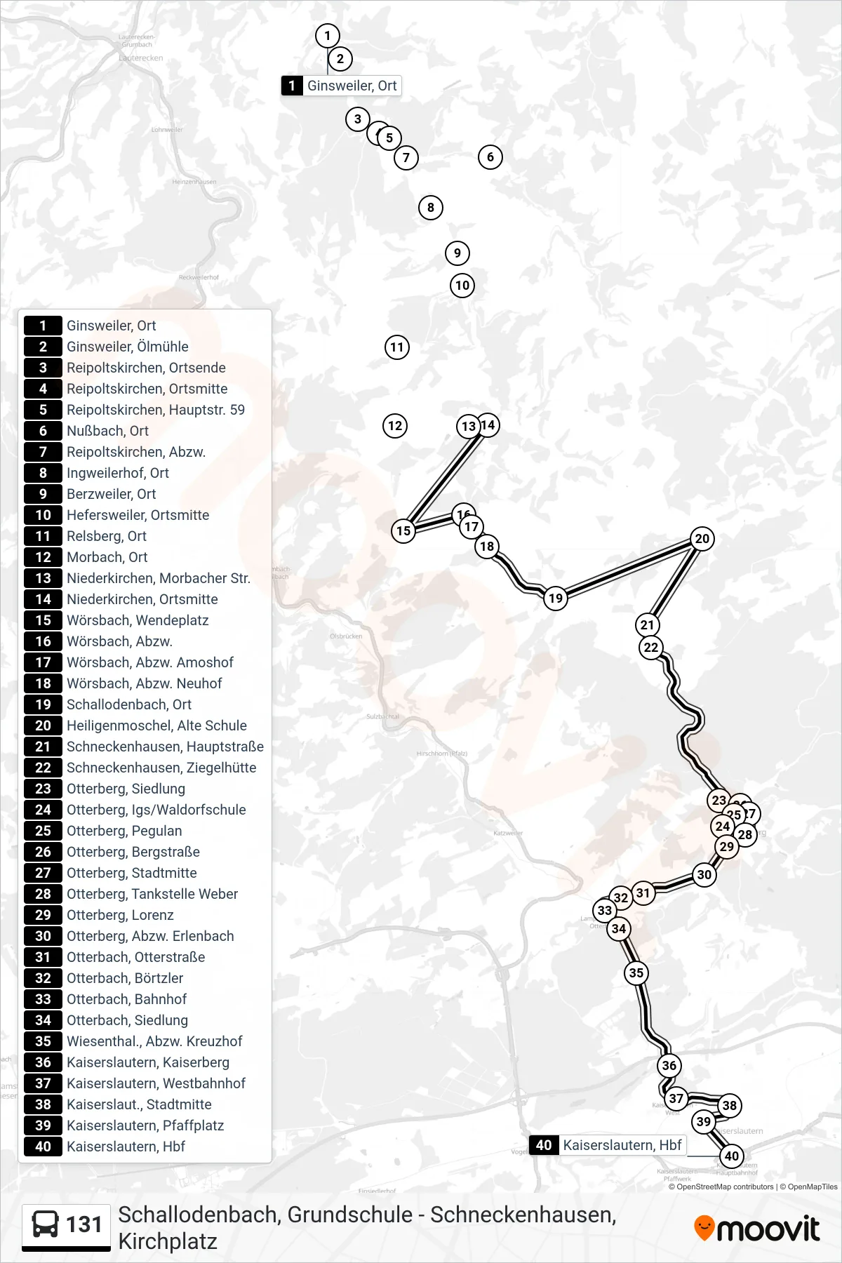 131 bus Line (Kaiserslautern, Hbf) route and stops on a map