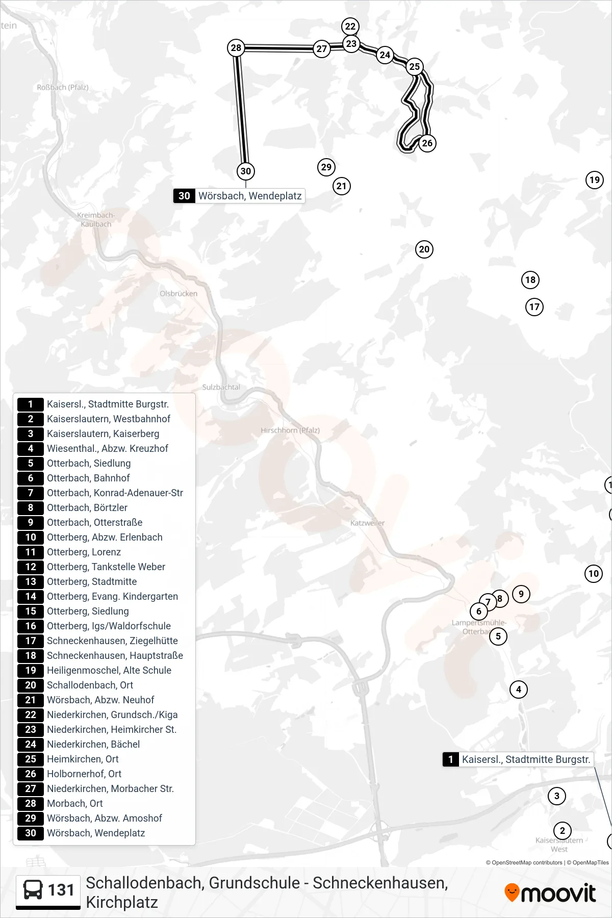 131 bus Line (Wörsbach, Wendeplatz) route and stops on a map