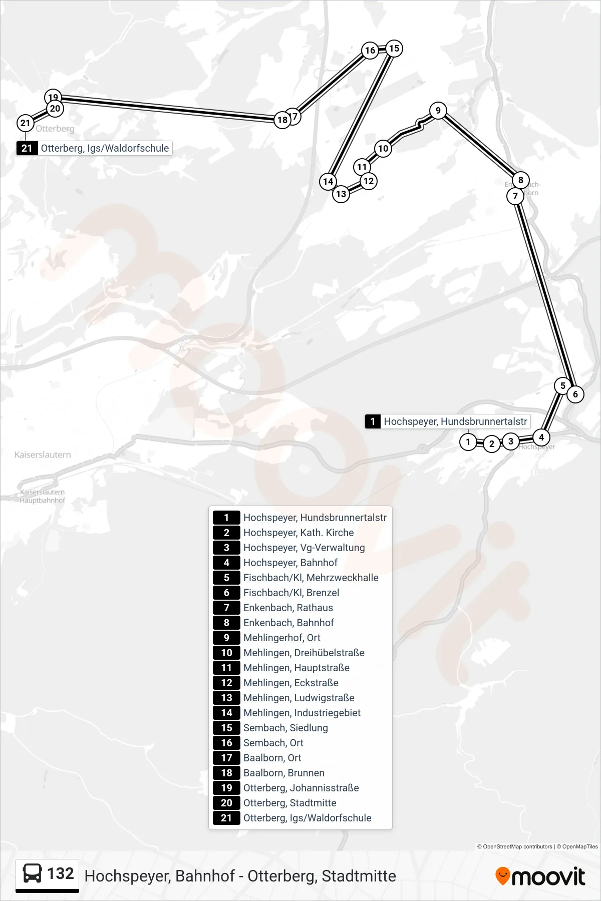 Linie 132 (Bus) Richtung Otterberg, Igs/Waldorfschule: Route und Haltestellen auf der Karte