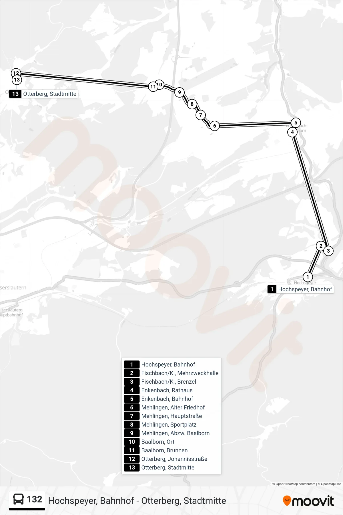 132 bus Line (Otterberg, Stadtmitte) route and stops on a map