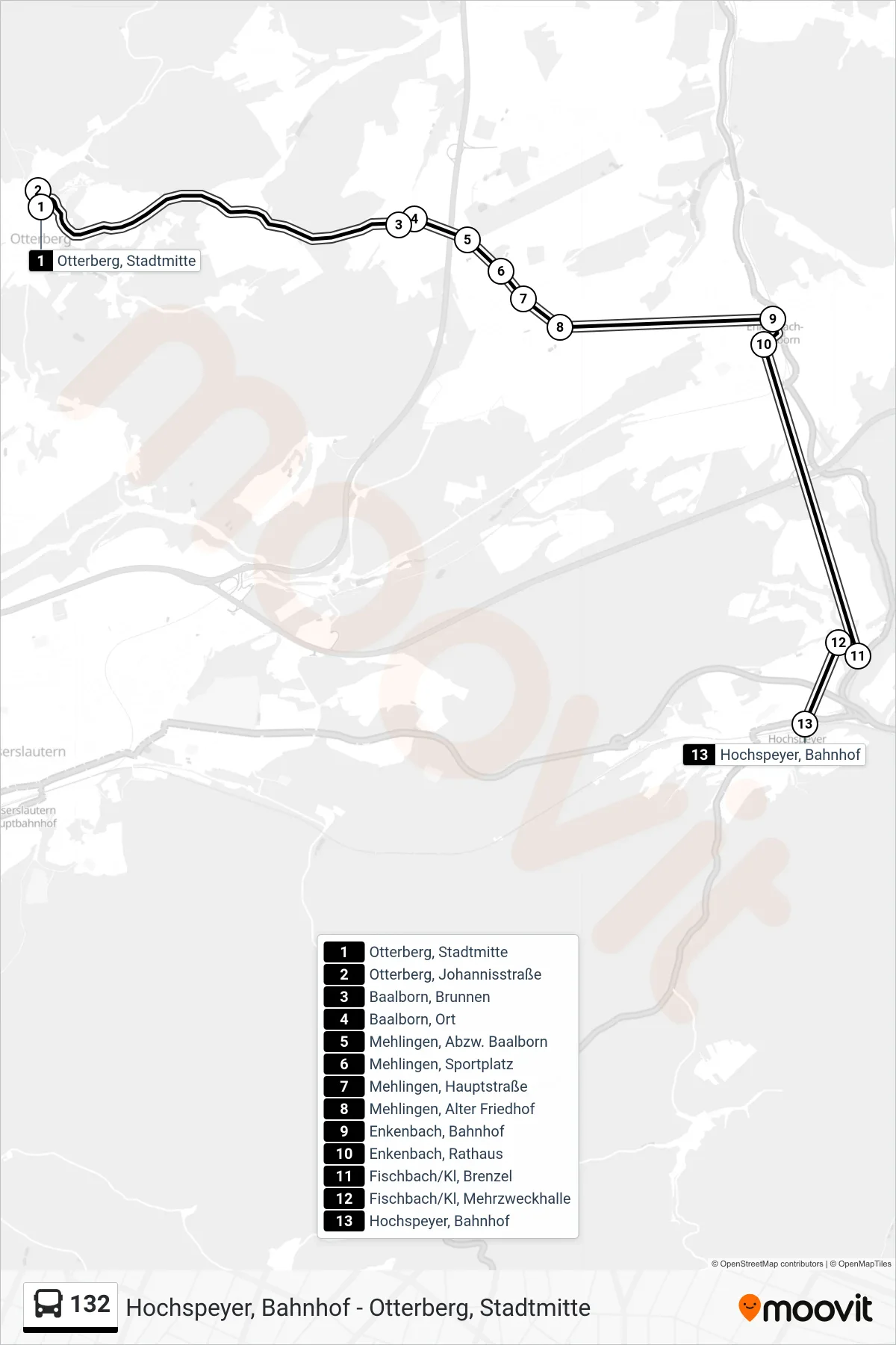 132 bus Line (Hochspeyer, Bahnhof) route and stops on a map
