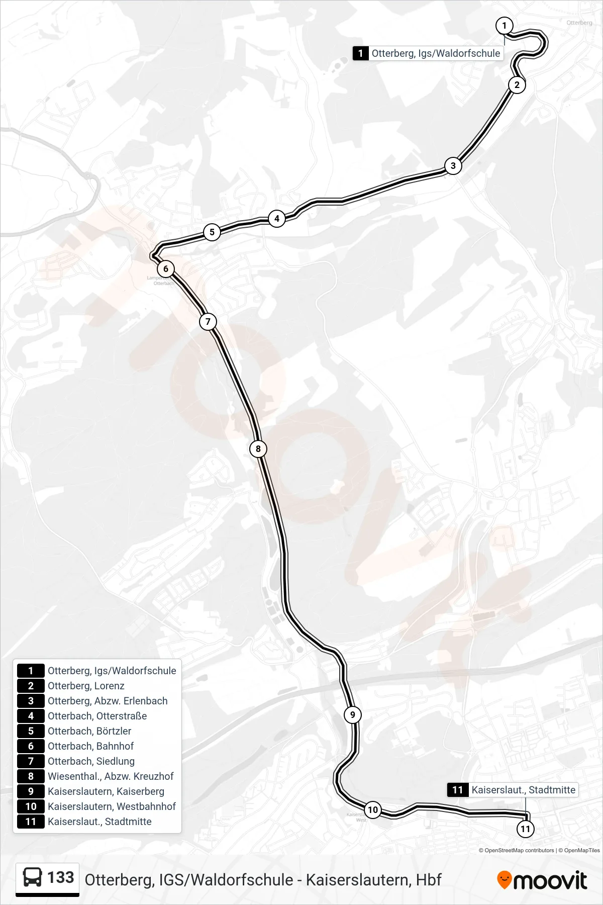 133 bus Line (Kaiserslaut., Stadtmitte) route and stops on a map