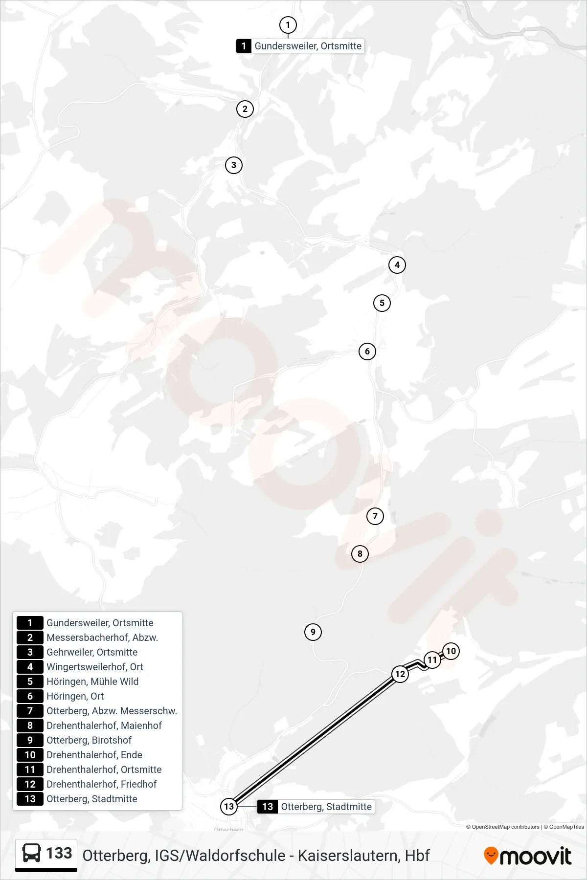 133 bus Line (Otterberg, Stadtmitte) route and stops on a map