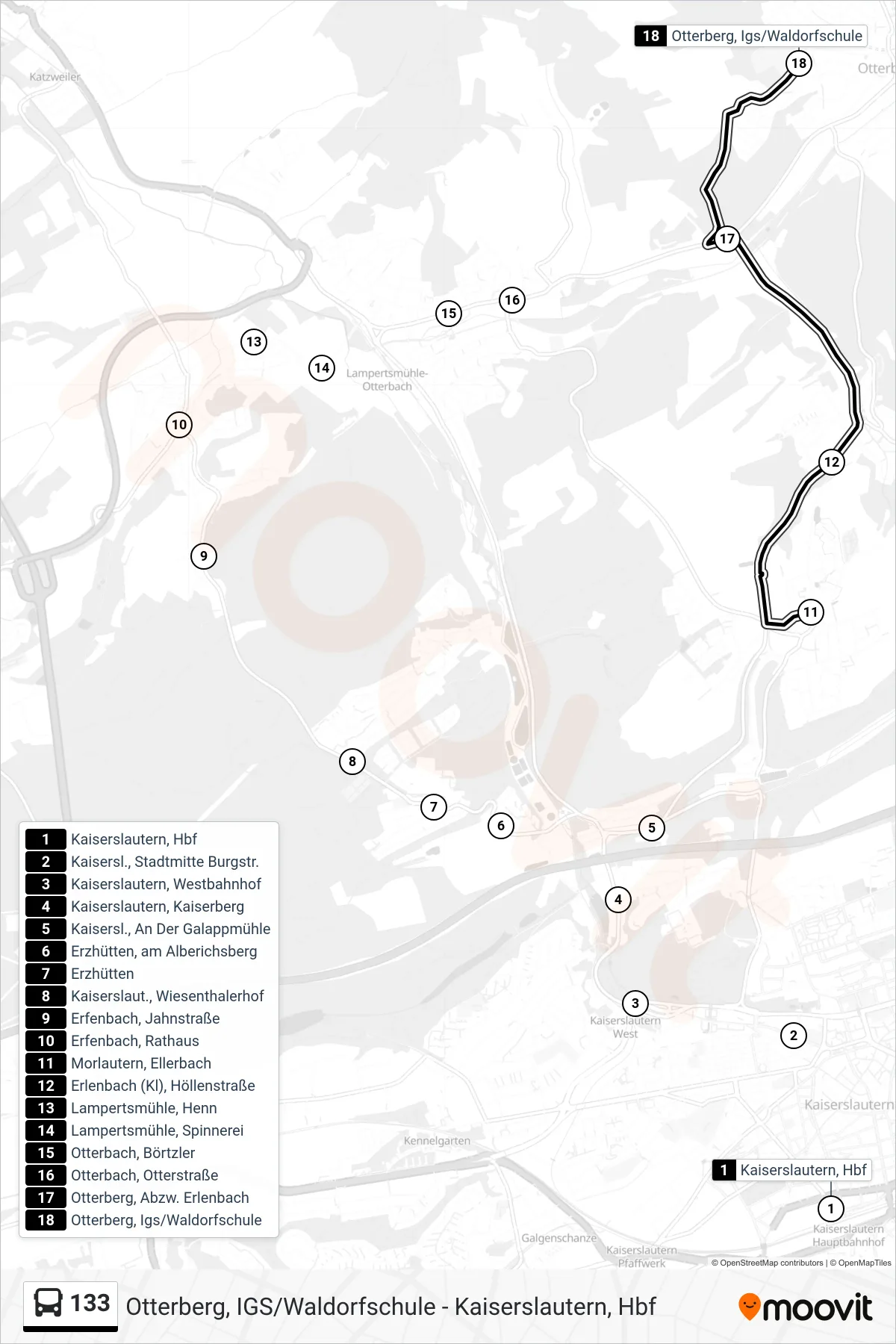 133 bus Line (Otterberg, Igs/Waldorfschule) route and stops on a map