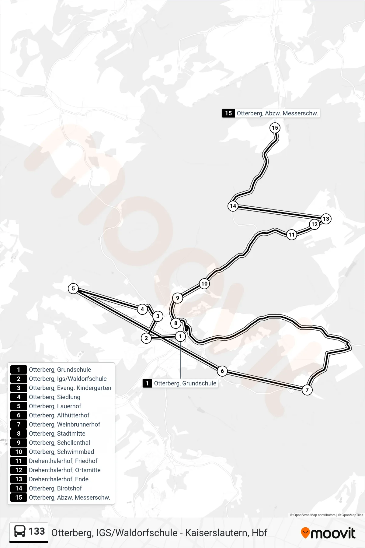 133 bus Line (Otterberg, Abzw. Messerschw.) route and stops on a map