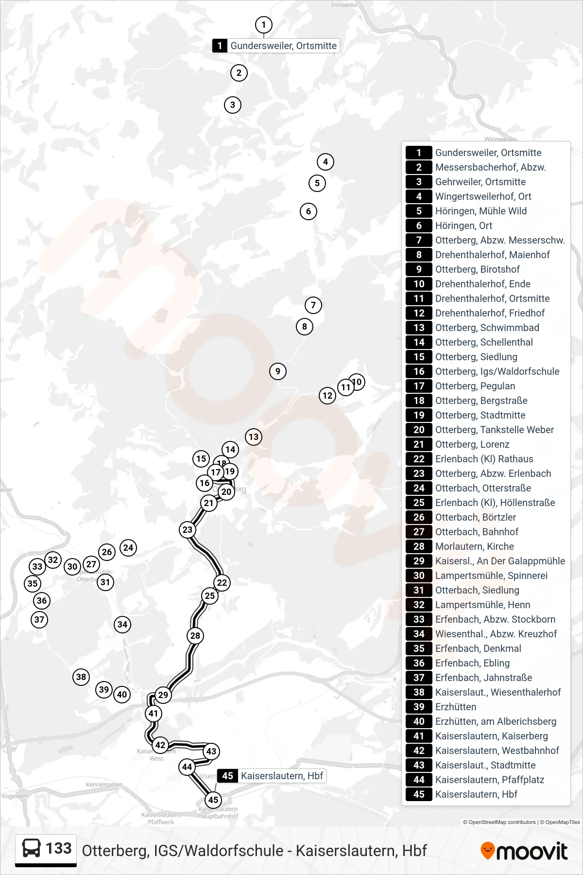 133 bus Line (Kaiserslautern, Hbf) route and stops on a map