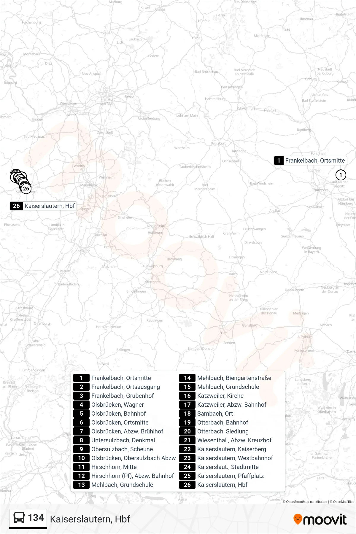 134 bus Line (Kaiserslautern, Hbf) route and stops on a map