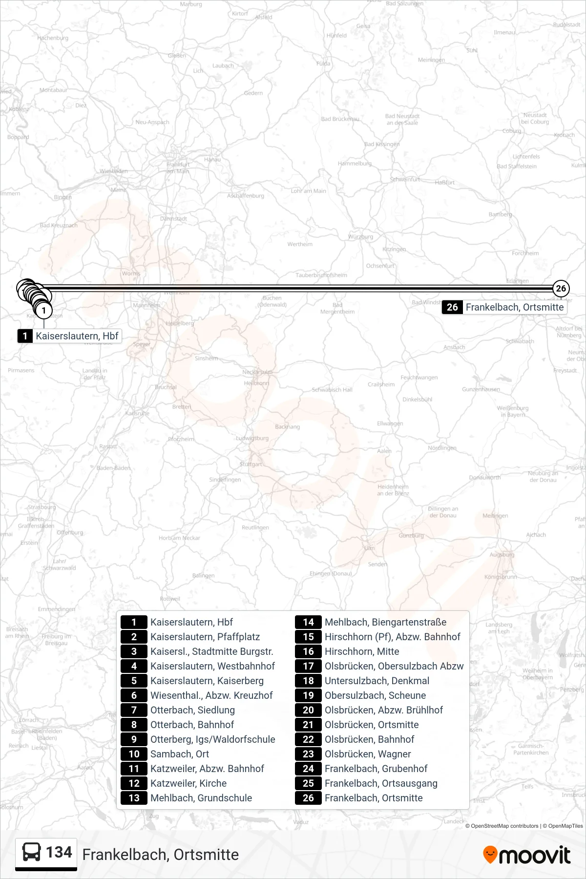 134 bus Line (Frankelbach, Ortsmitte) route and stops on a map