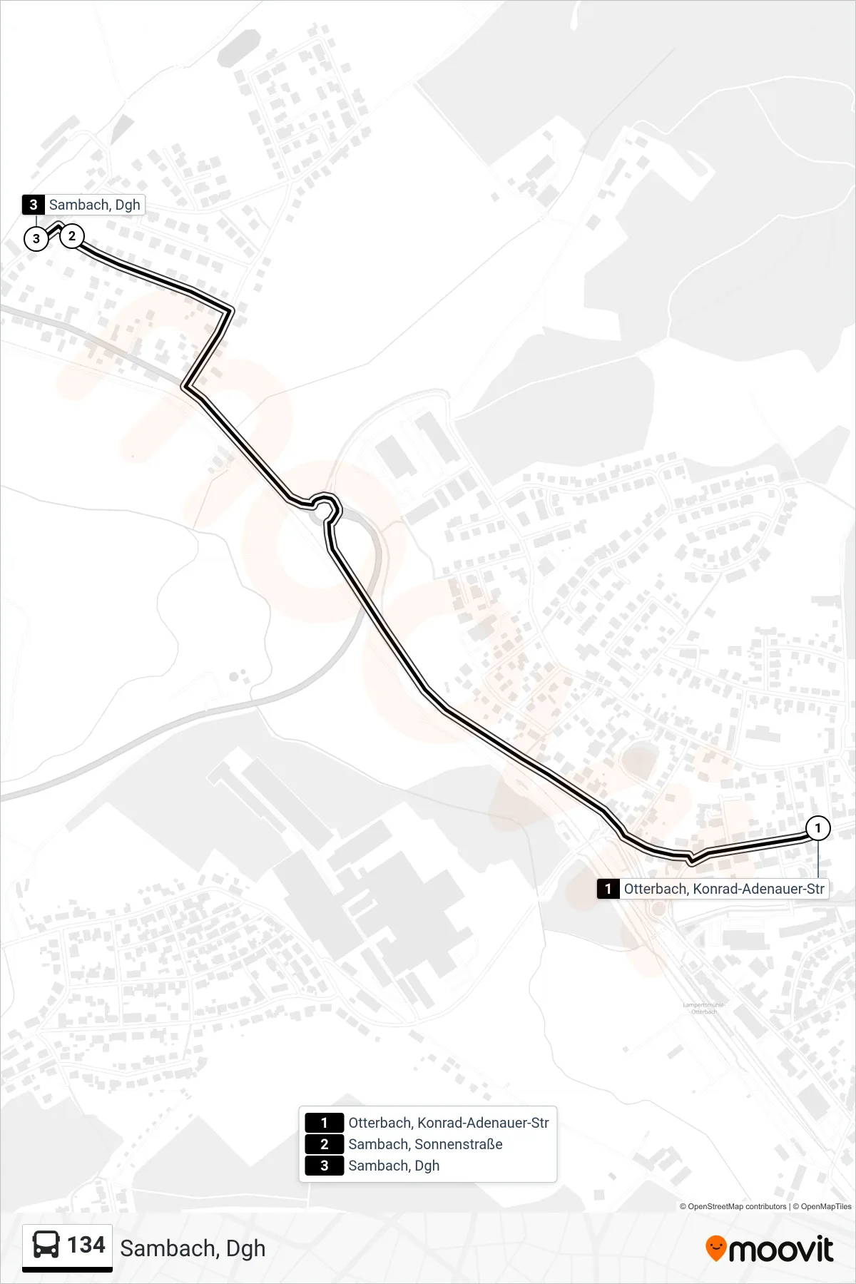 134 bus Line (Sambach, Dgh) route and stops on a map
