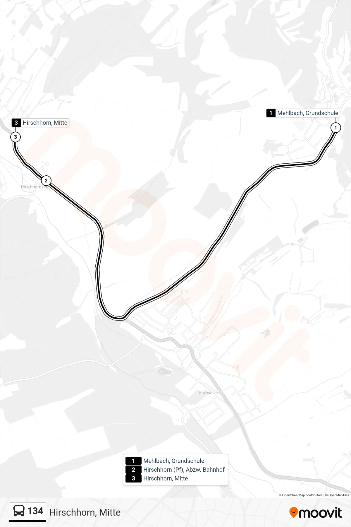 Linie 134 (Bus) Richtung Hirschhorn, Mitte: Route und Haltestellen auf der Karte