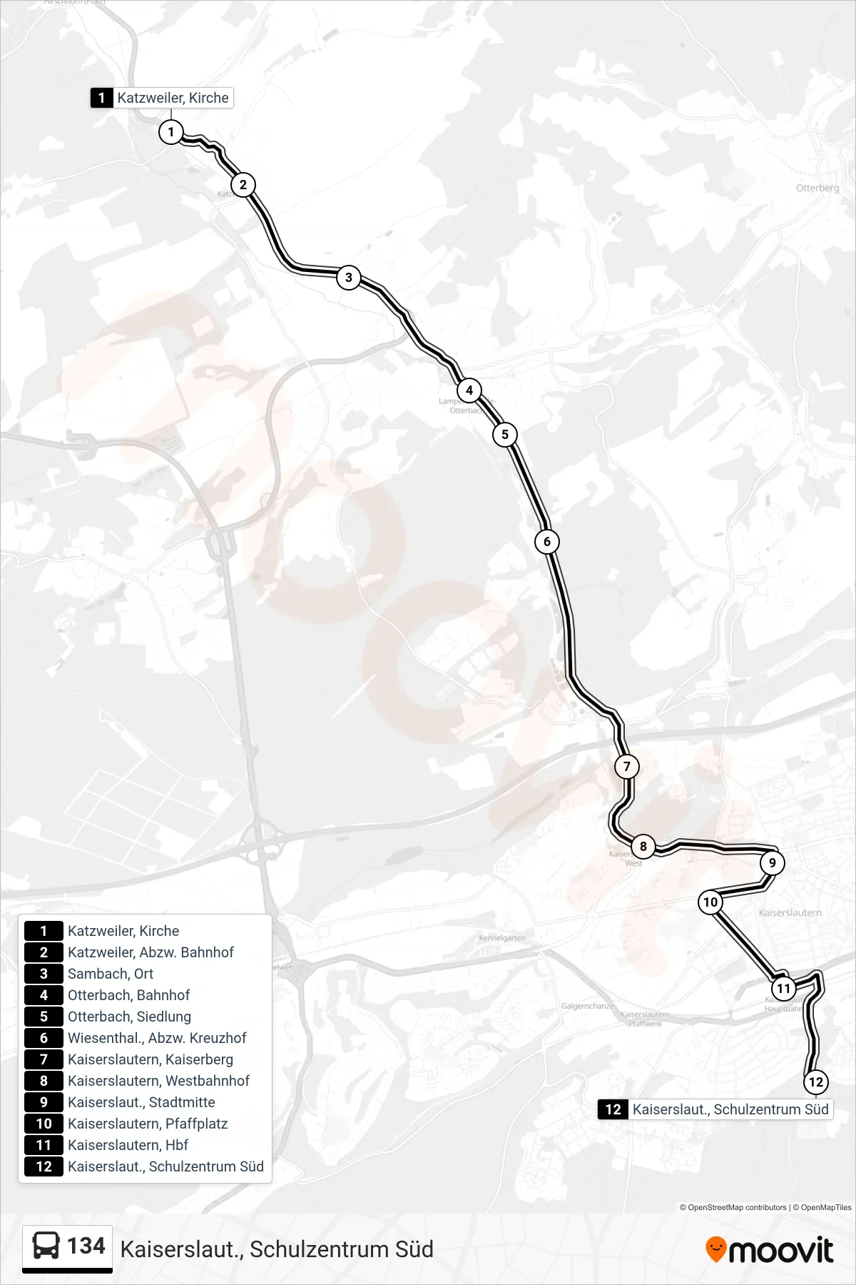 134 bus Line (Kaiserslaut., Schulzentrum Süd) route and stops on a map