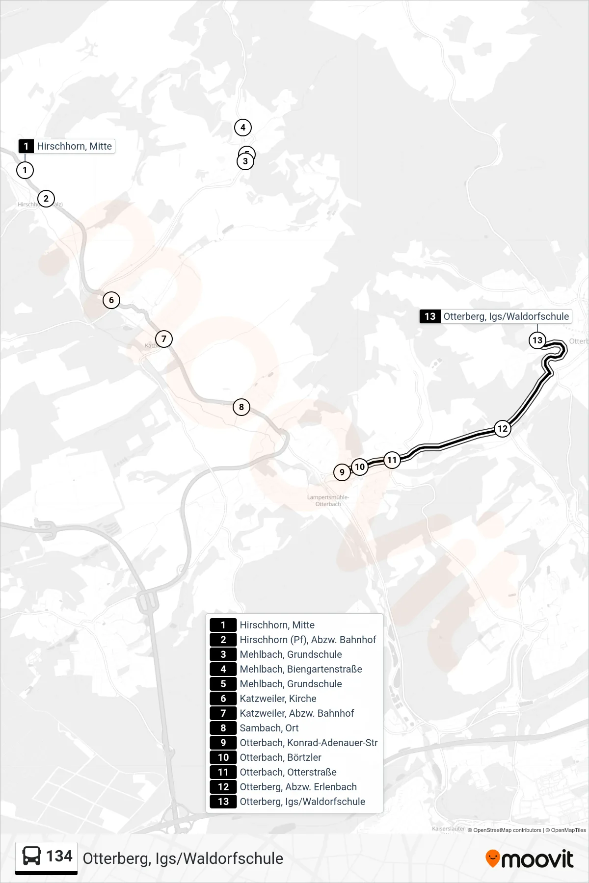 134 bus Line (Otterberg, Igs/Waldorfschule) route and stops on a map