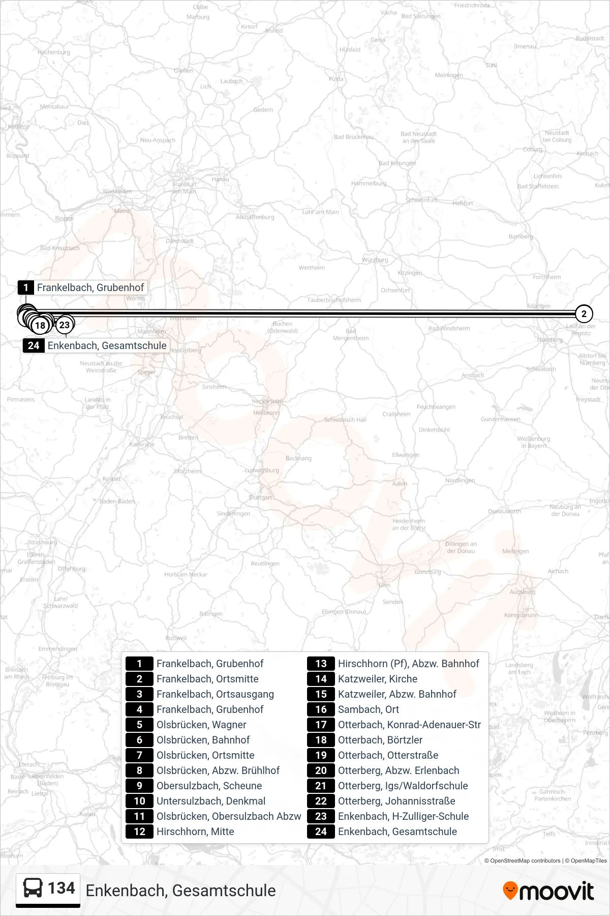 134 bus Line (Enkenbach, Gesamtschule) route and stops on a map