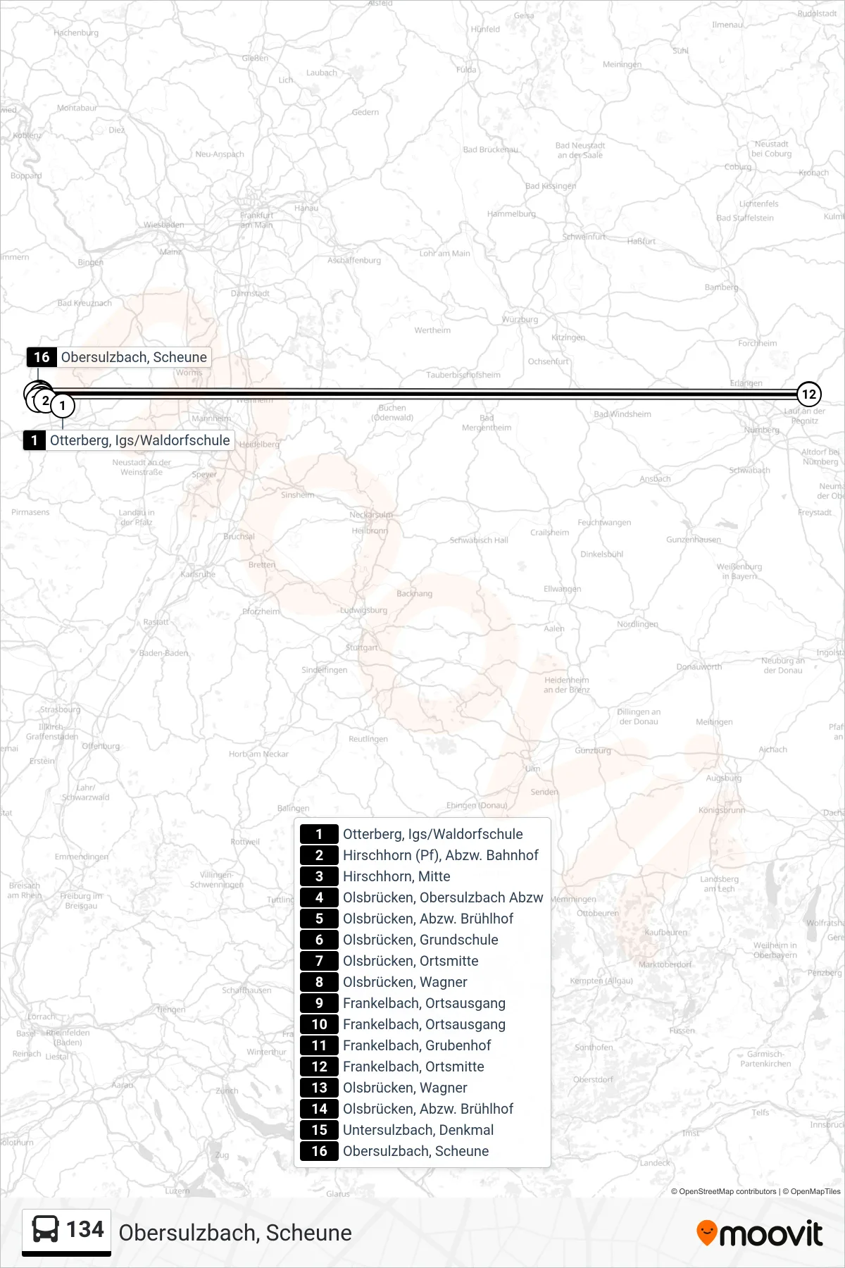 134 bus Line (Obersulzbach, Scheune) route and stops on a map