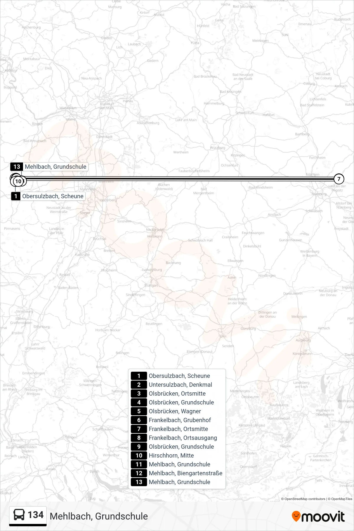 134 bus Line (Mehlbach, Grundschule) route and stops on a map