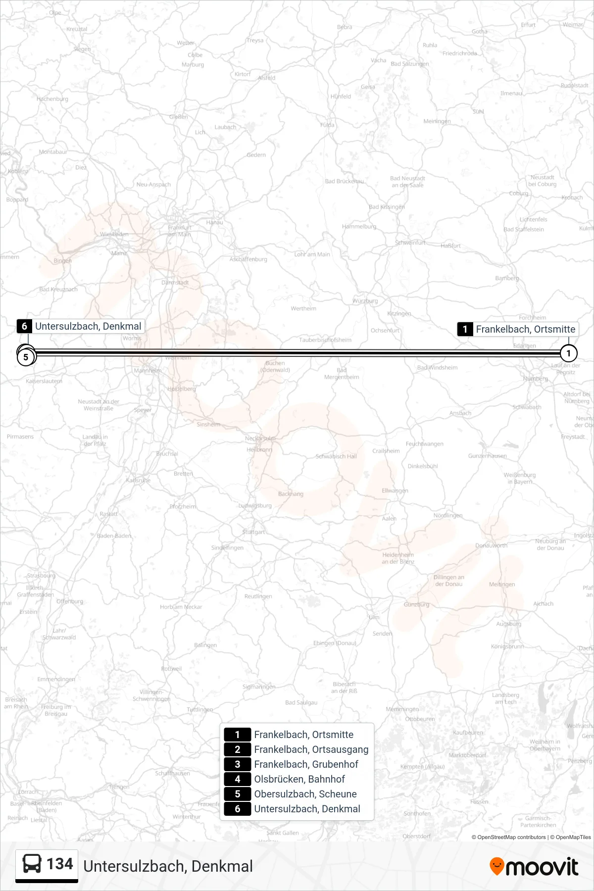 134 bus Line (Untersulzbach, Denkmal) route and stops on a map