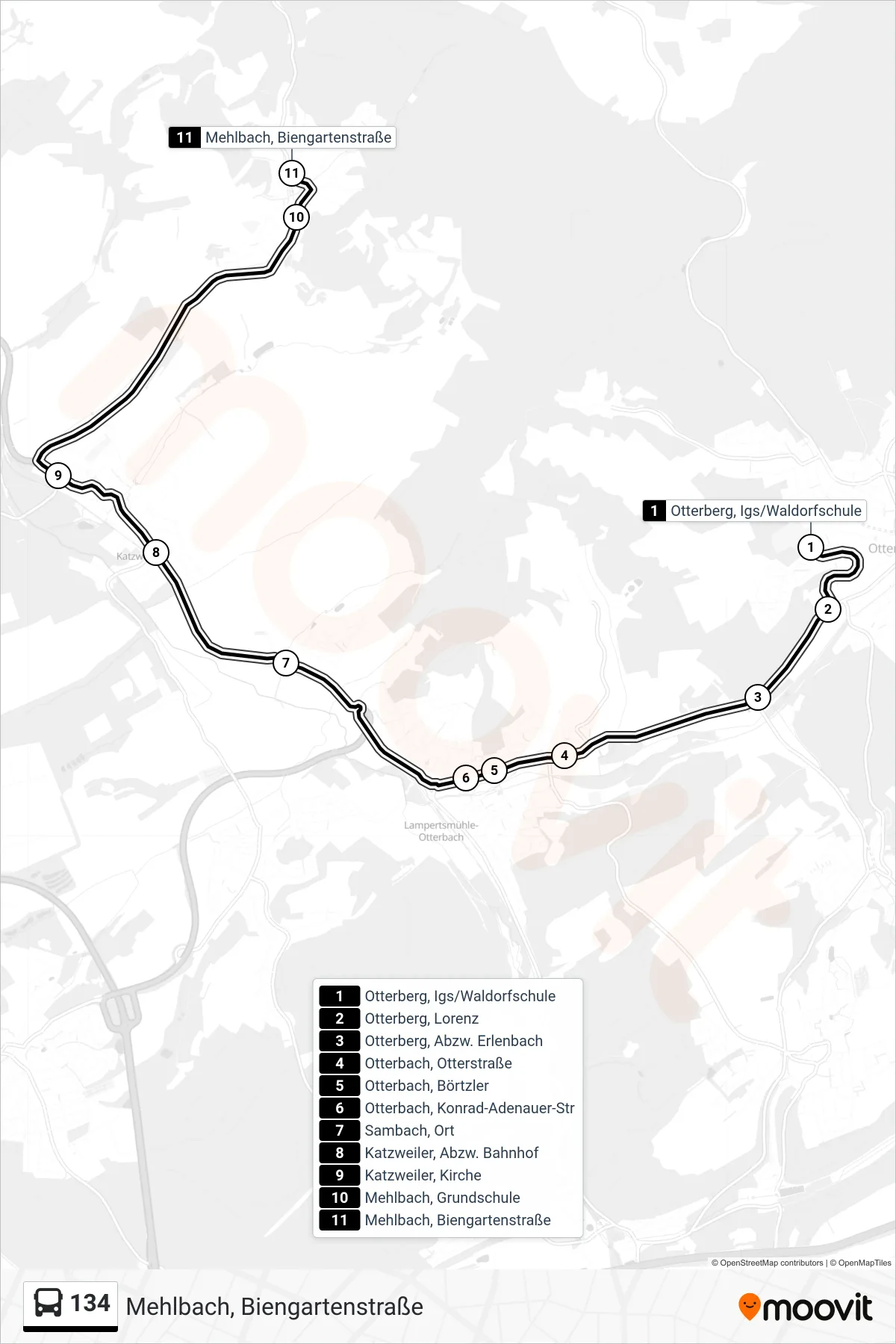 134 bus Line (Mehlbach, Biengartenstraße) route and stops on a map