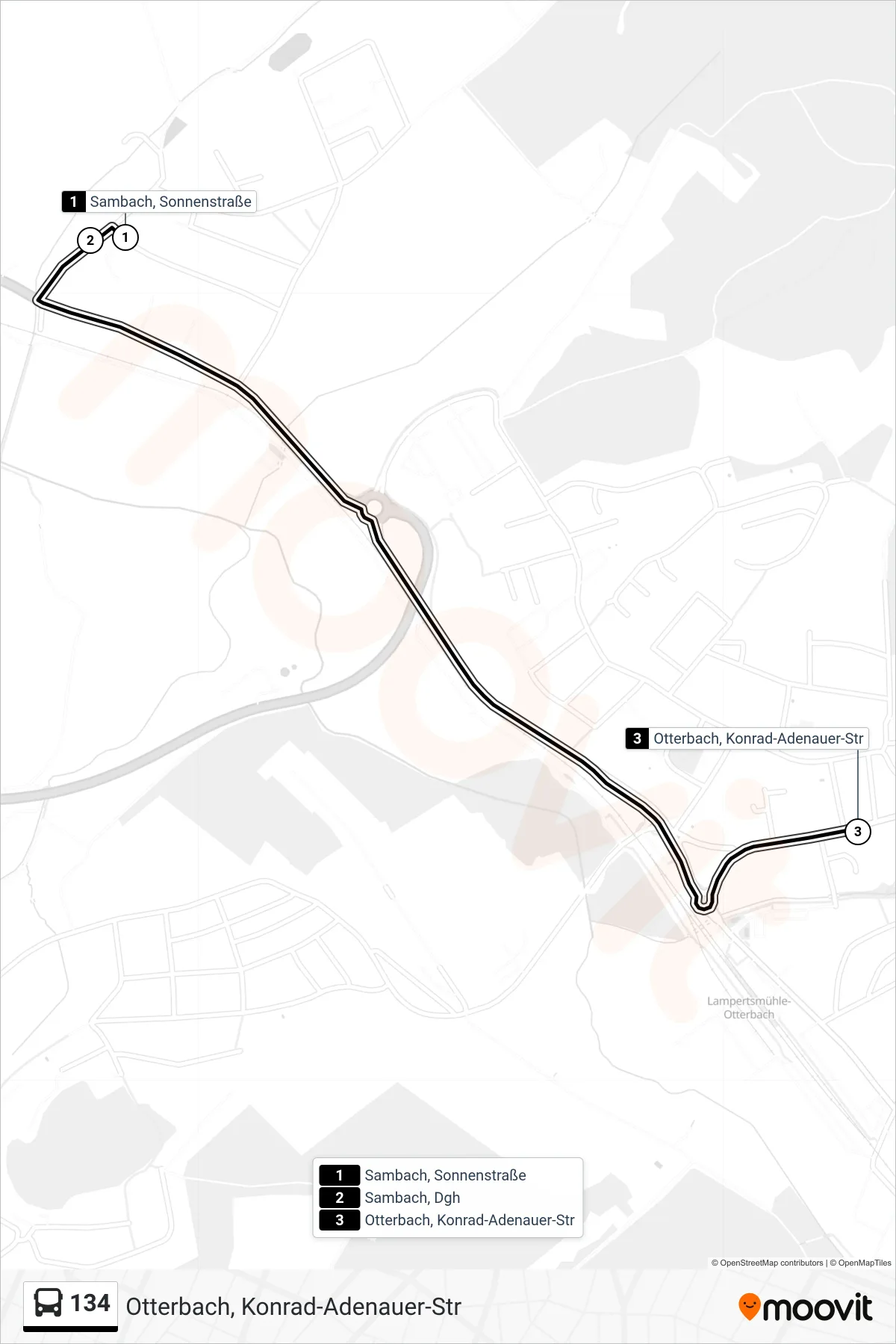 134 bus Line (Otterbach, Konrad-Adenauer-Str) route and stops on a map