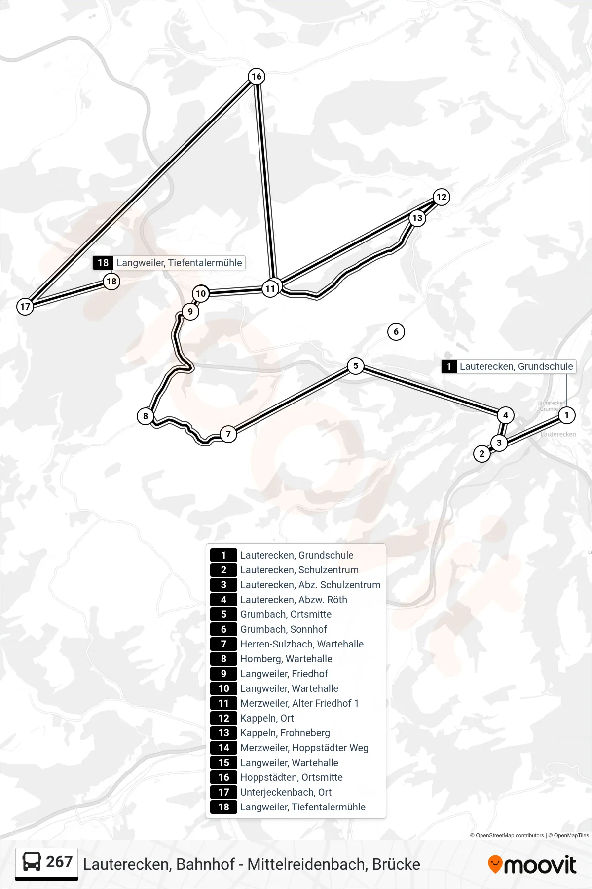 267 bus Line (Langweiler, Tiefentalermühle) route and stops on a map