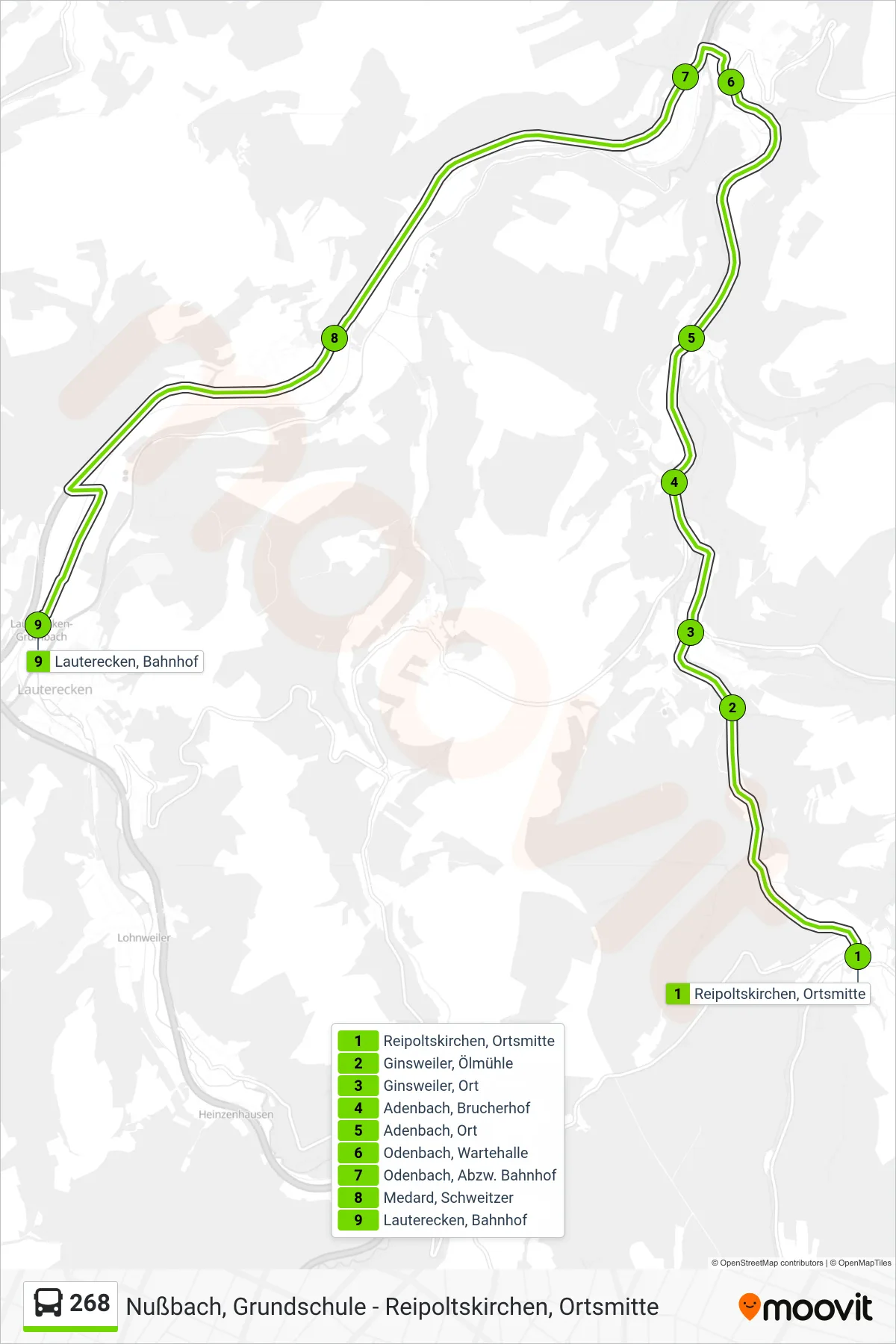 268 bus Line (Lauterecken, Bahnhof) route and stops on a map