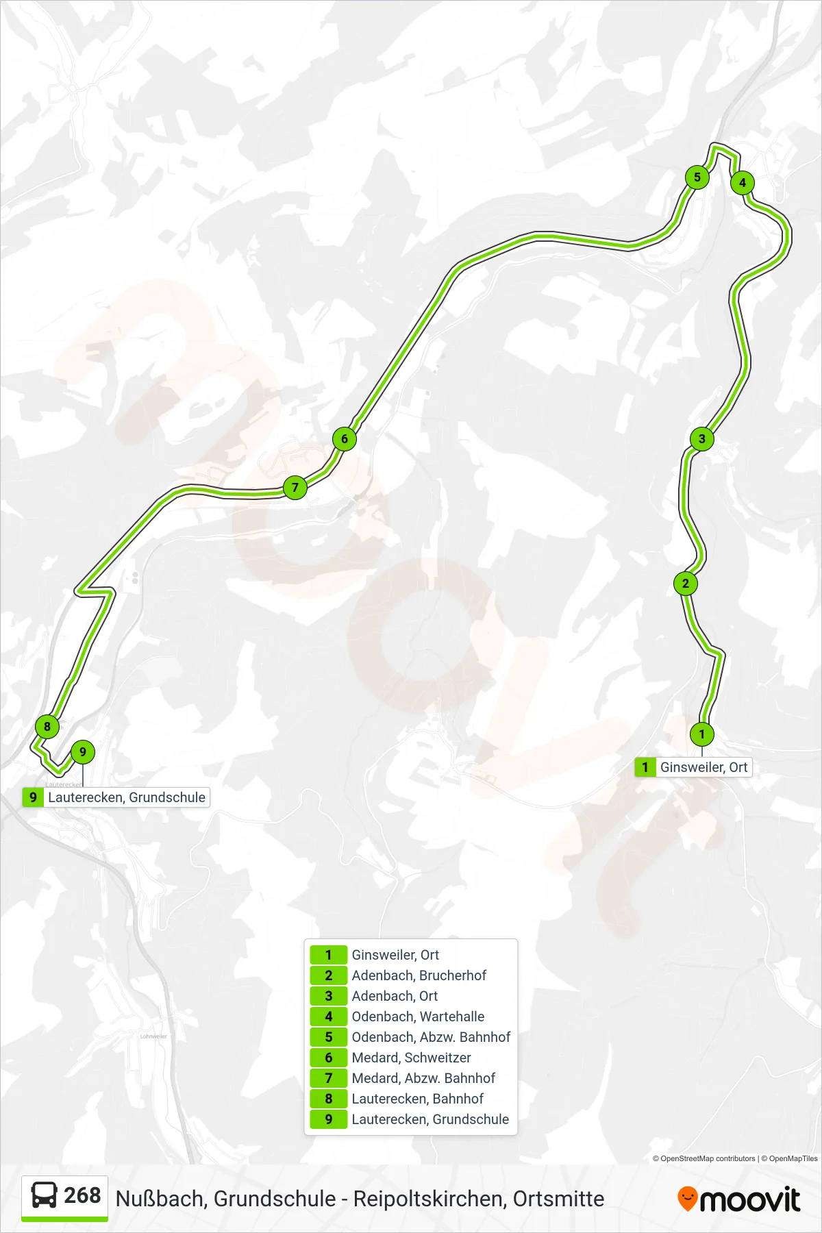 268 bus Line (Lauterecken, Grundschule) route and stops on a map