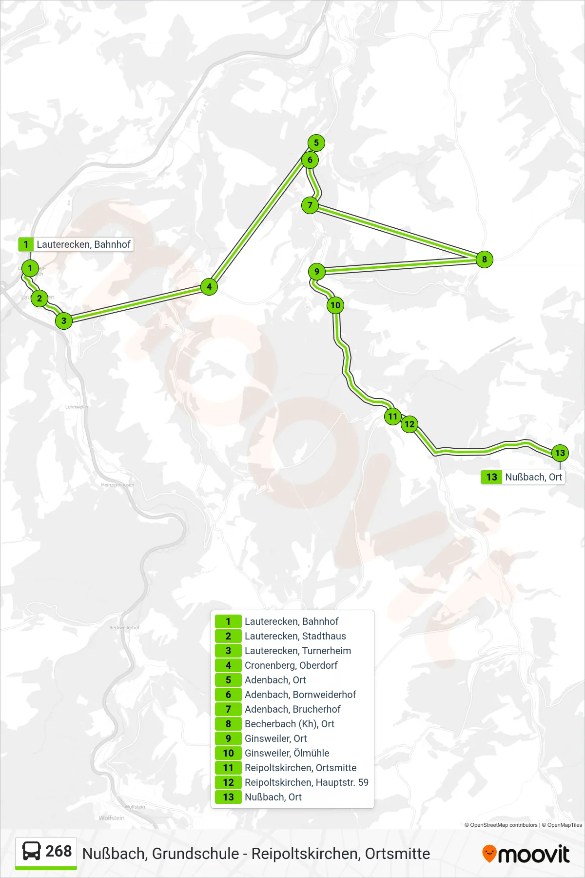268 bus Line (Nußbach, Ort) route and stops on a map