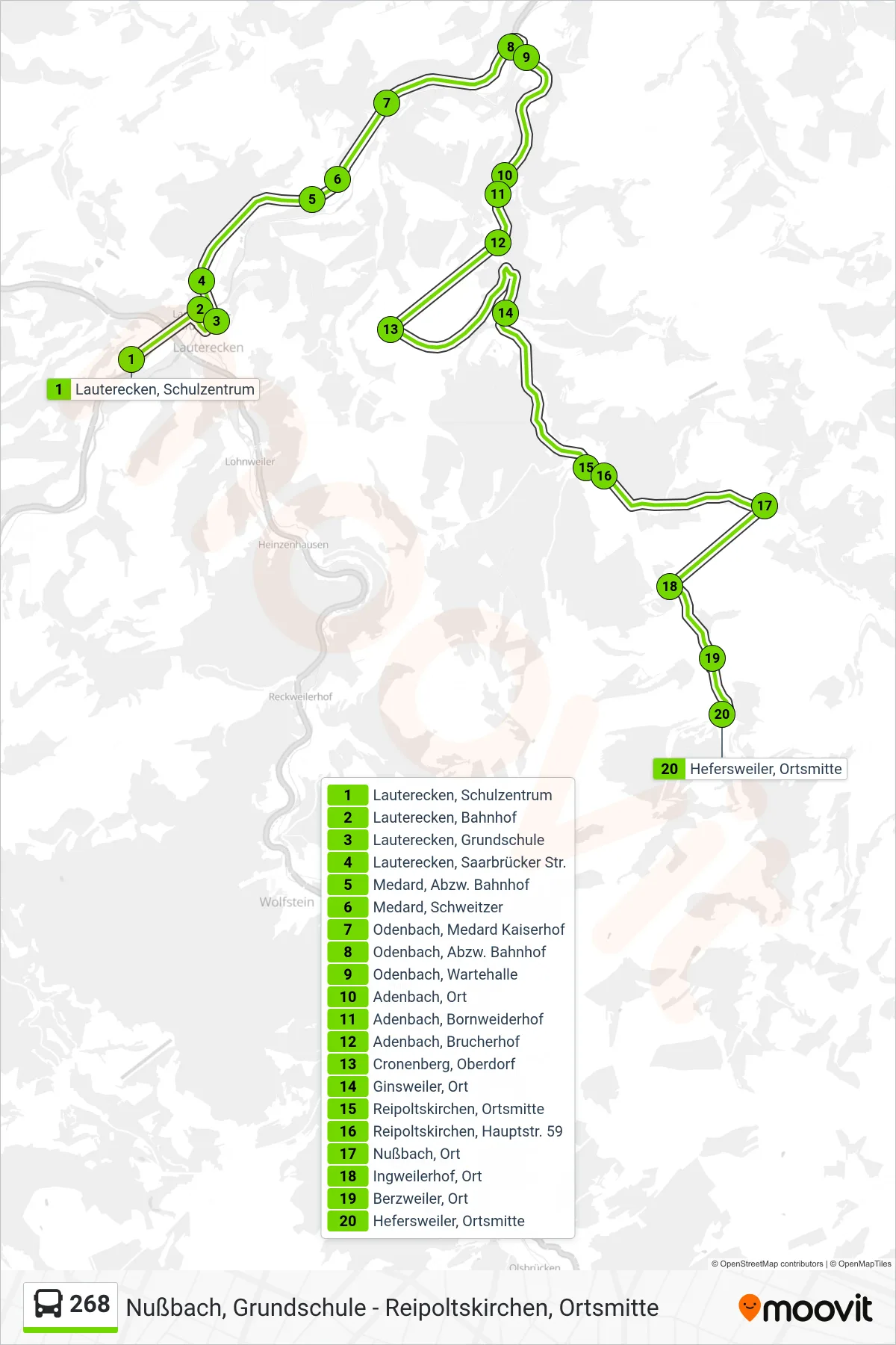 268 bus Line (Hefersweiler, Ortsmitte) route and stops on a map