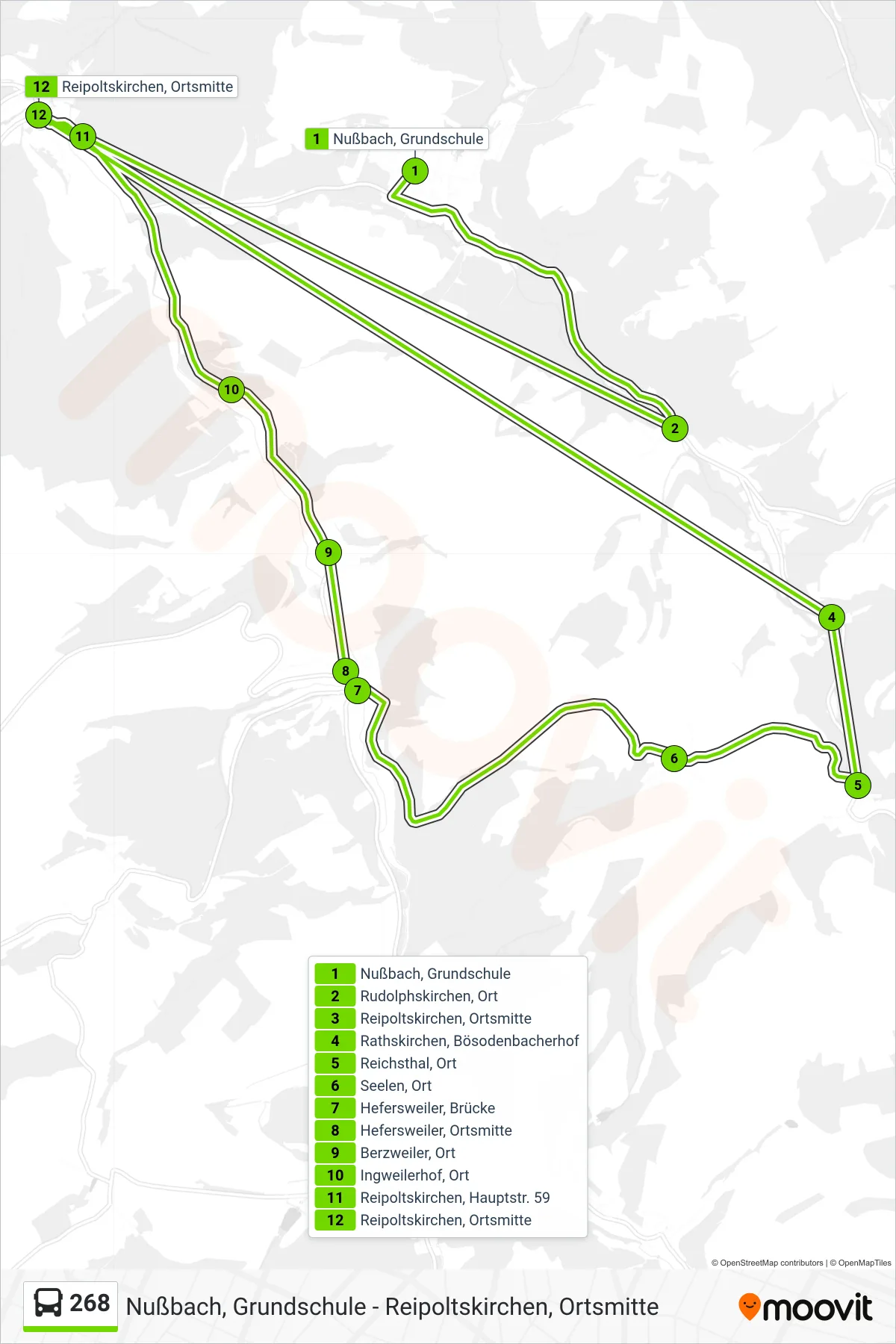268 bus Line (Reipoltskirchen, Ortsmitte) route and stops on a map