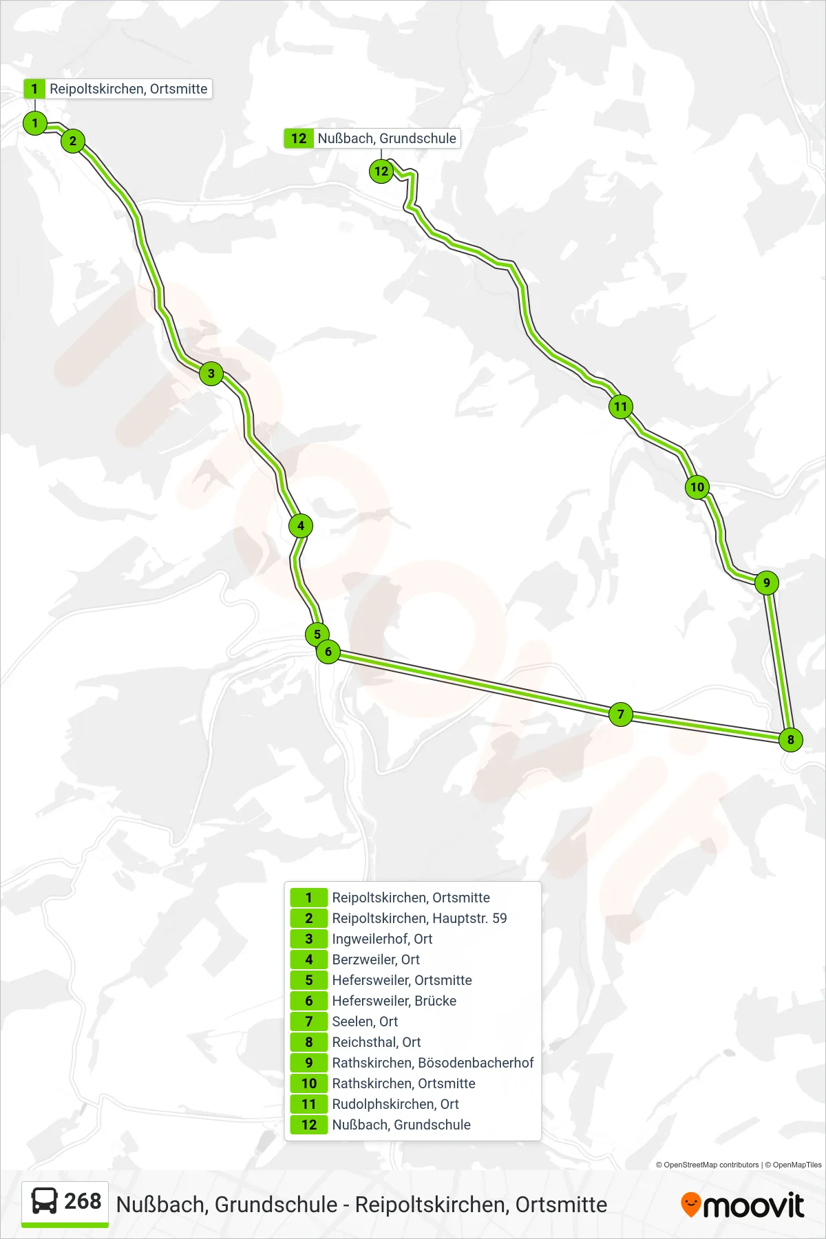 268 bus Line (Nußbach, Grundschule) route and stops on a map