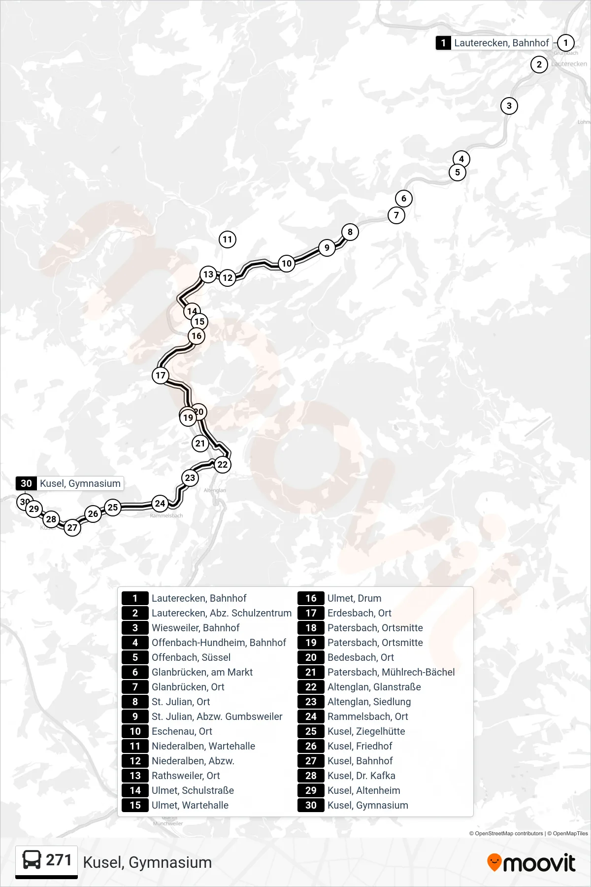 271 bus Line (Kusel, Gymnasium) route and stops on a map