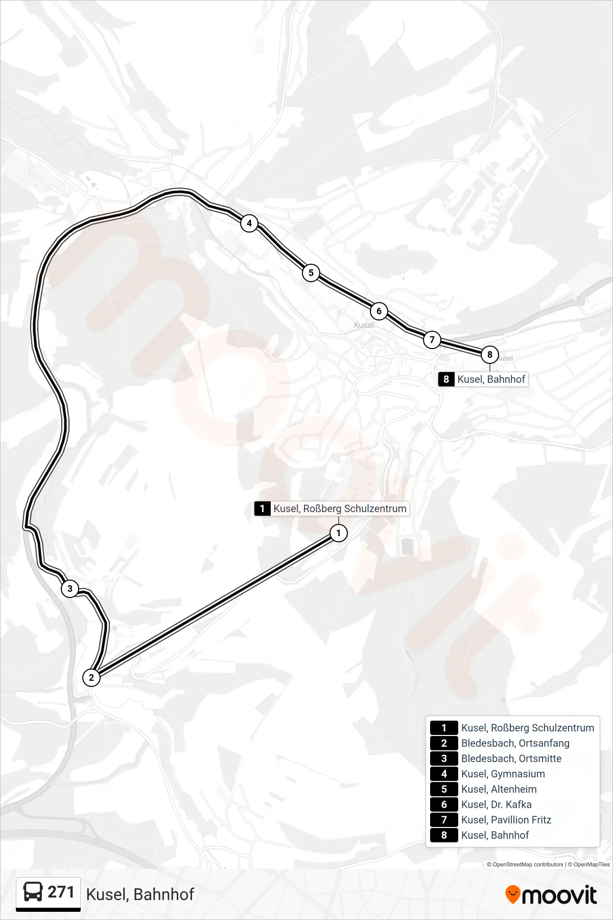 271 bus Line (Kusel, Bahnhof) route and stops on a map
