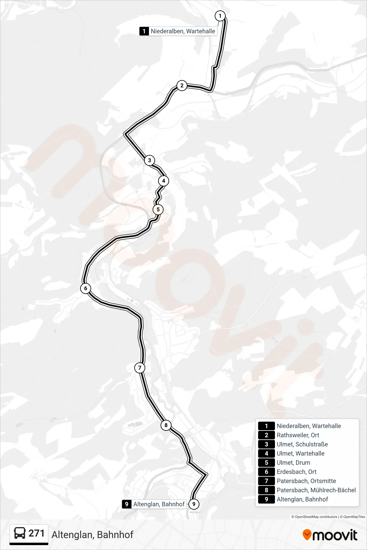 271 bus Line (Altenglan, Bahnhof) route and stops on a map