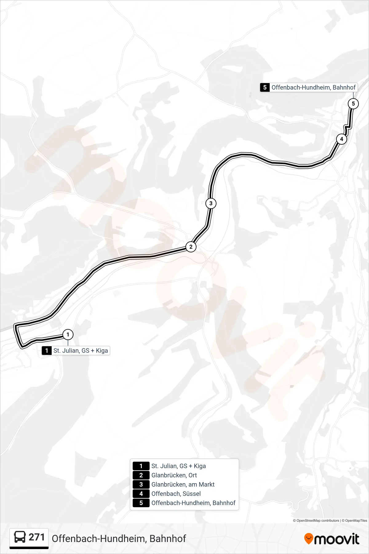 271 bus Line (Offenbach-Hundheim, Bahnhof) route and stops on a map