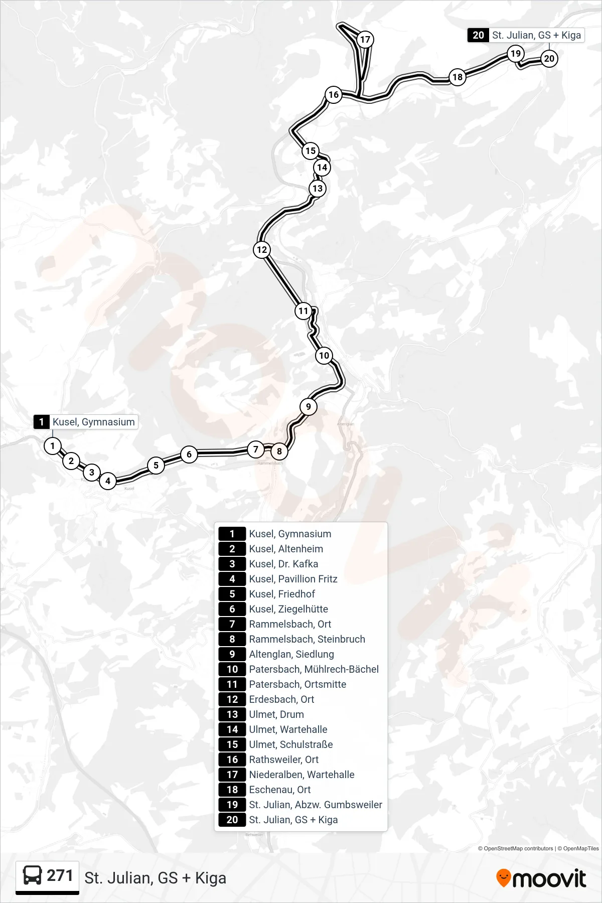 271 bus Line (St. Julian, GS + Kiga) route and stops on a map