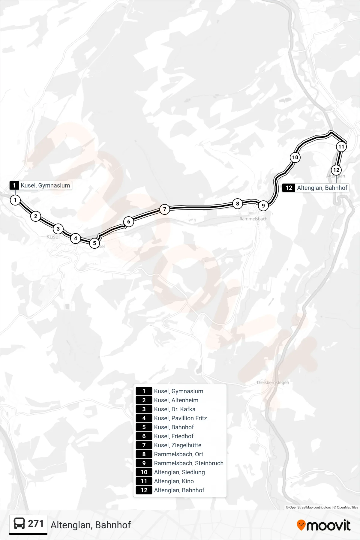 271 bus Line (Altenglan, Bahnhof) route and stops on a map