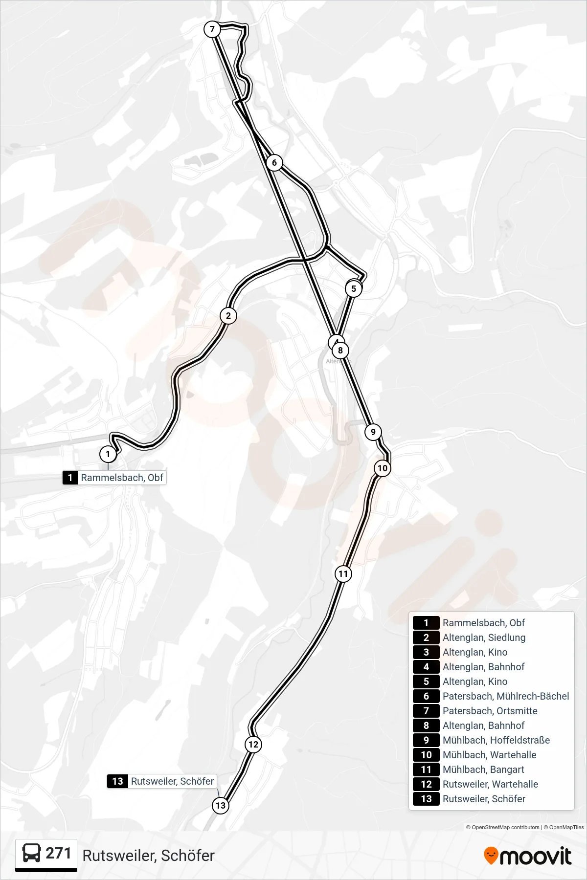 271 bus Line (Rutsweiler, Schöfer) route and stops on a map