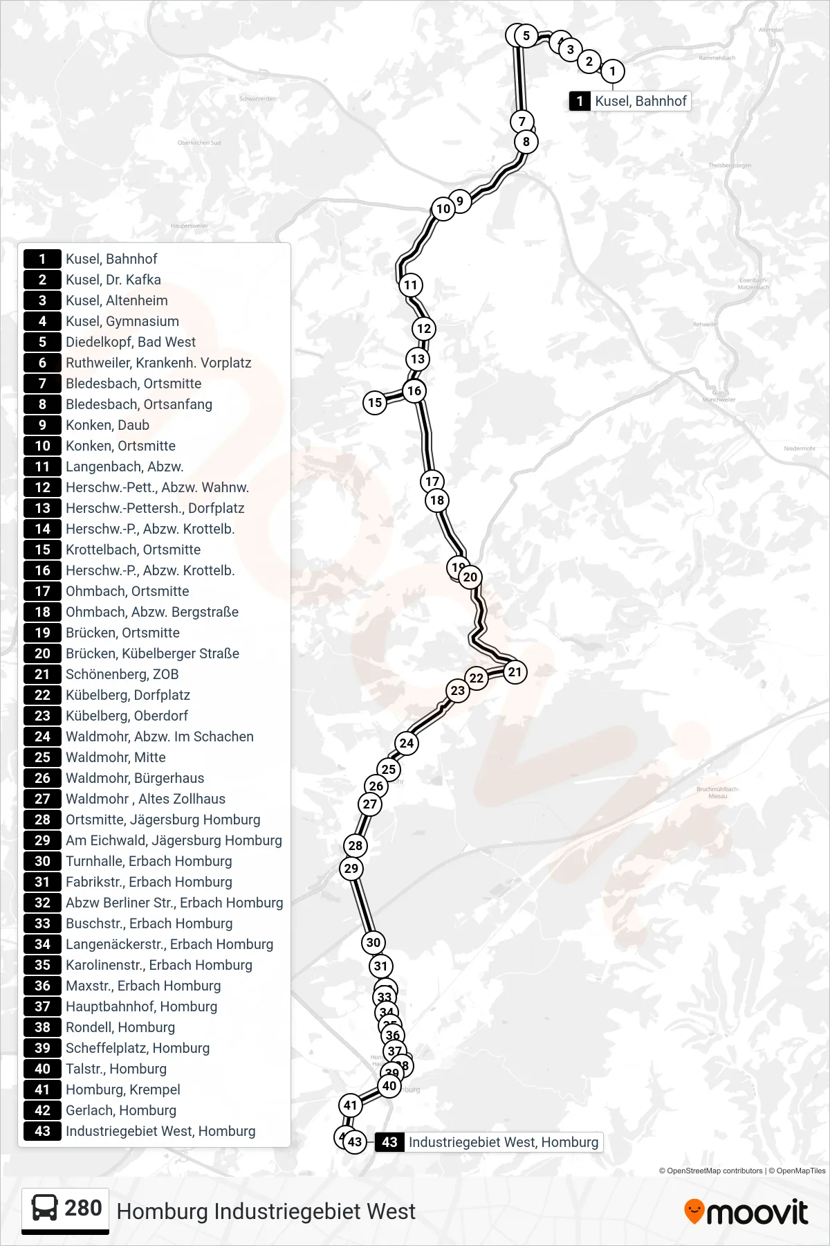 280 bus Line (Homburg Industriegebiet West) route and stops on a map