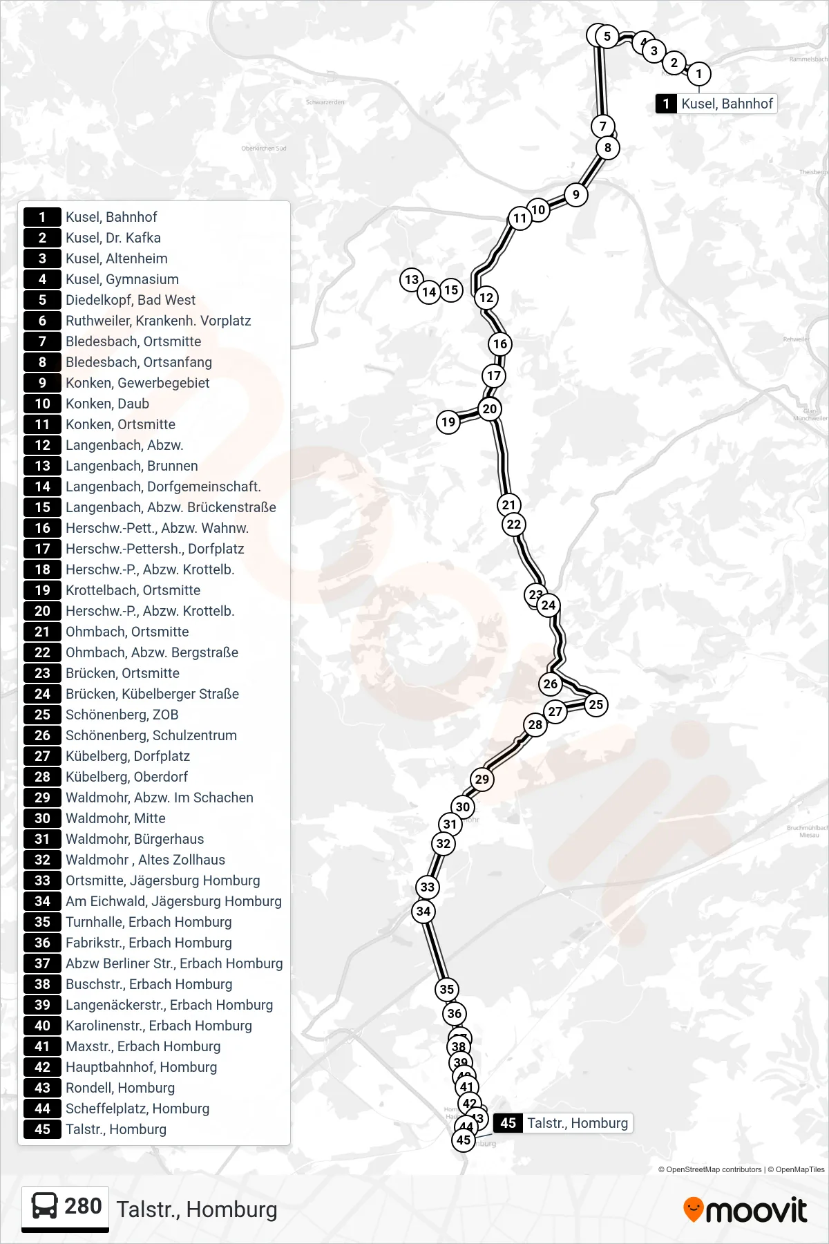 280 bus Line (Talstr., Homburg) route and stops on a map