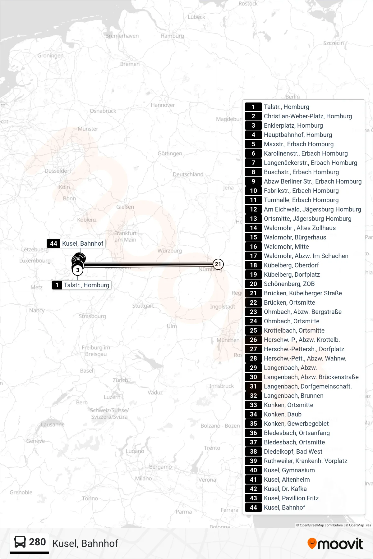 280 bus Line (Kusel, Bahnhof) route and stops on a map