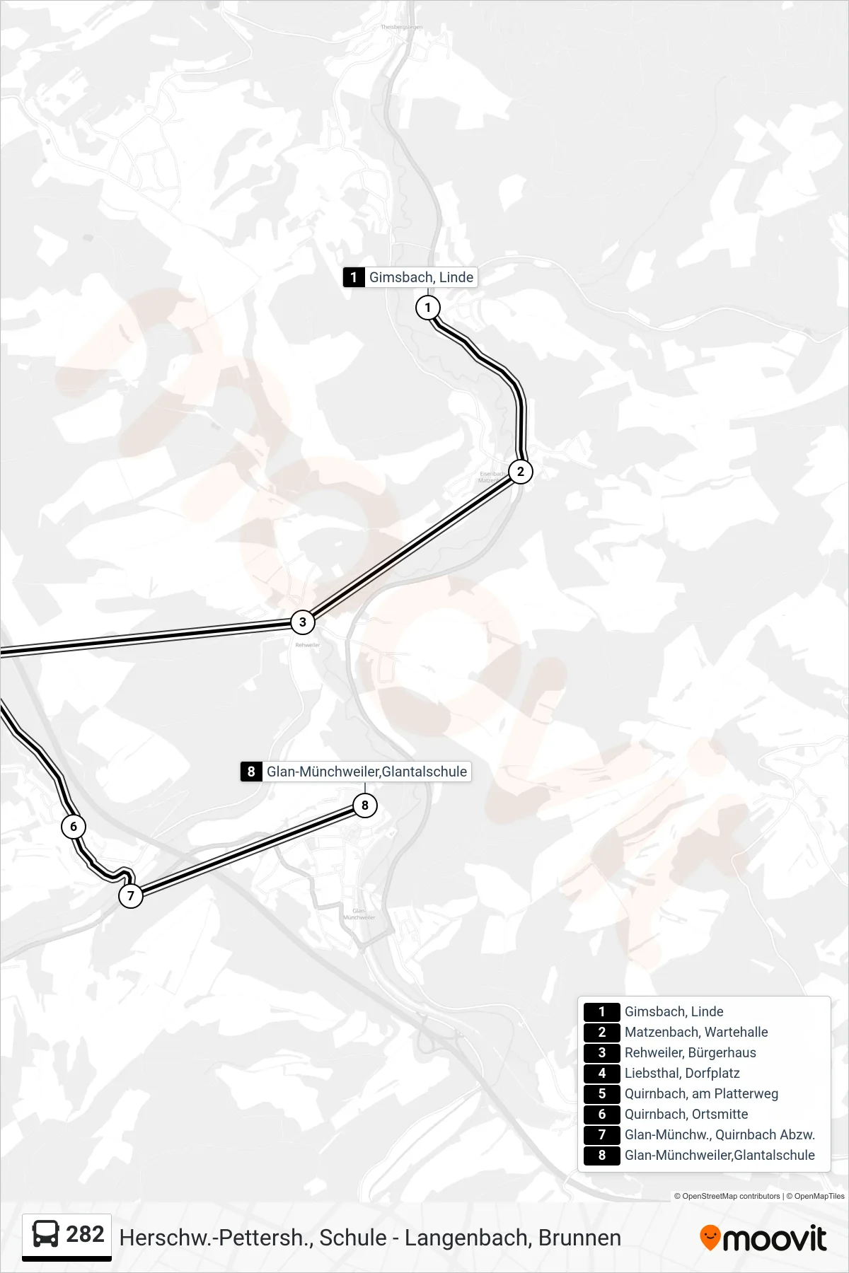 282 bus Line (Glan-Münchweiler,Glantalschule) route and stops on a map