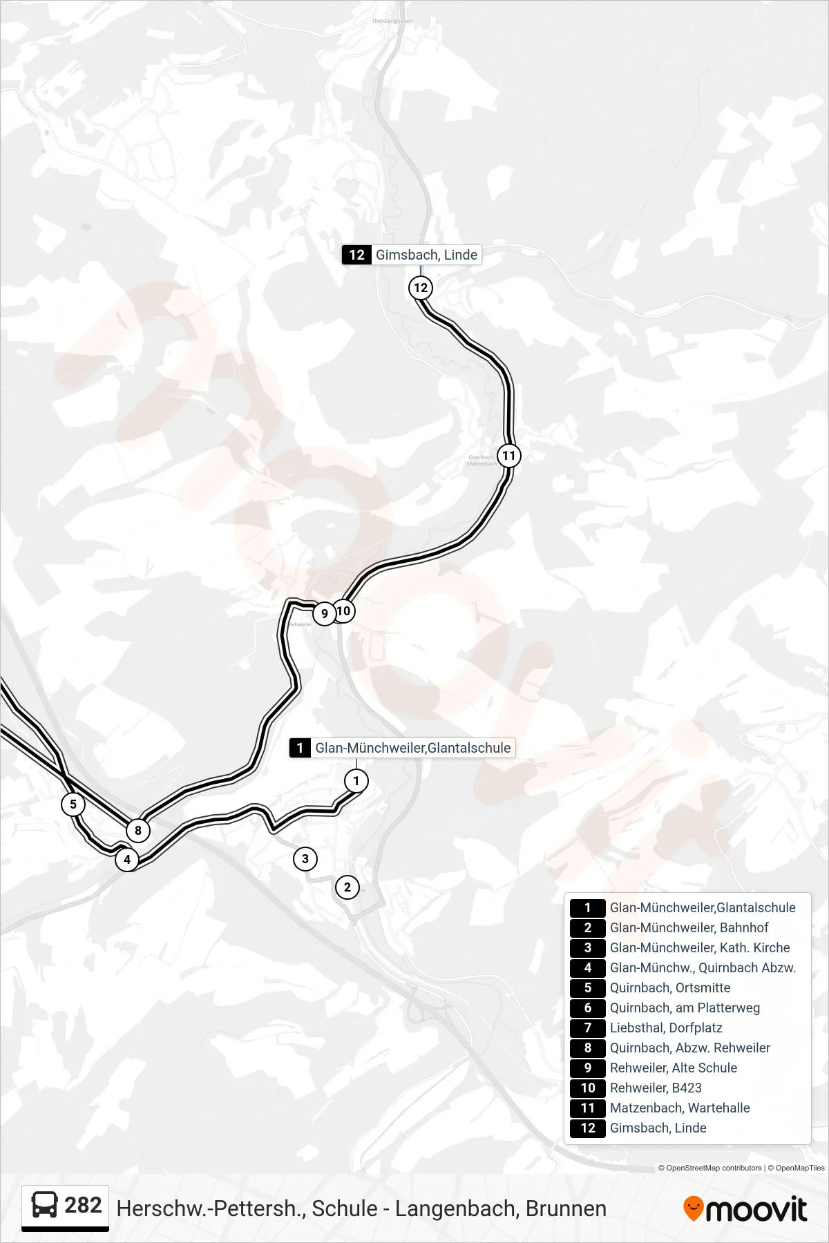 282 bus Line (Gimsbach, Linde) route and stops on a map