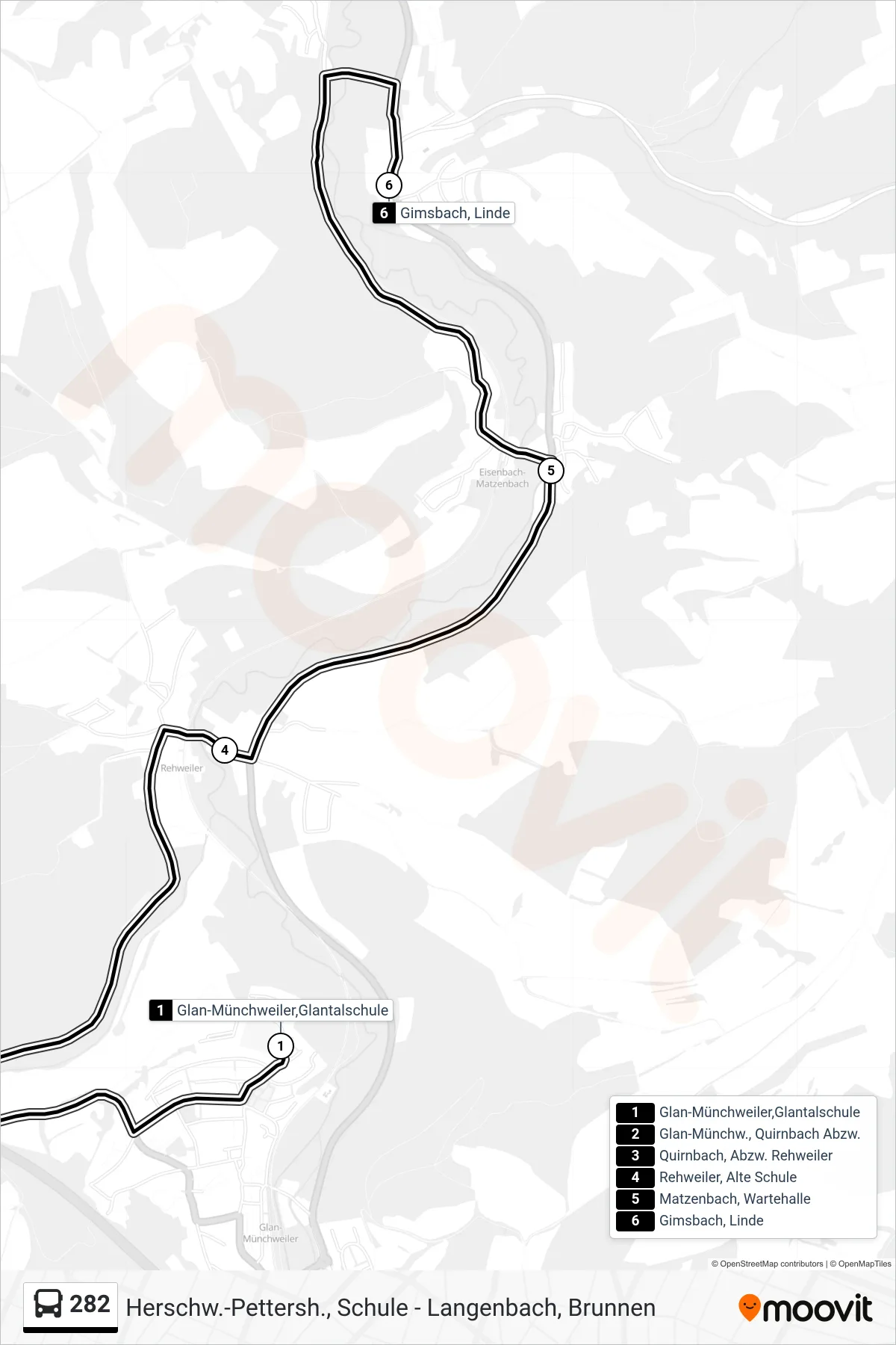 282 bus Line (Gimsbach, Linde) route and stops on a map