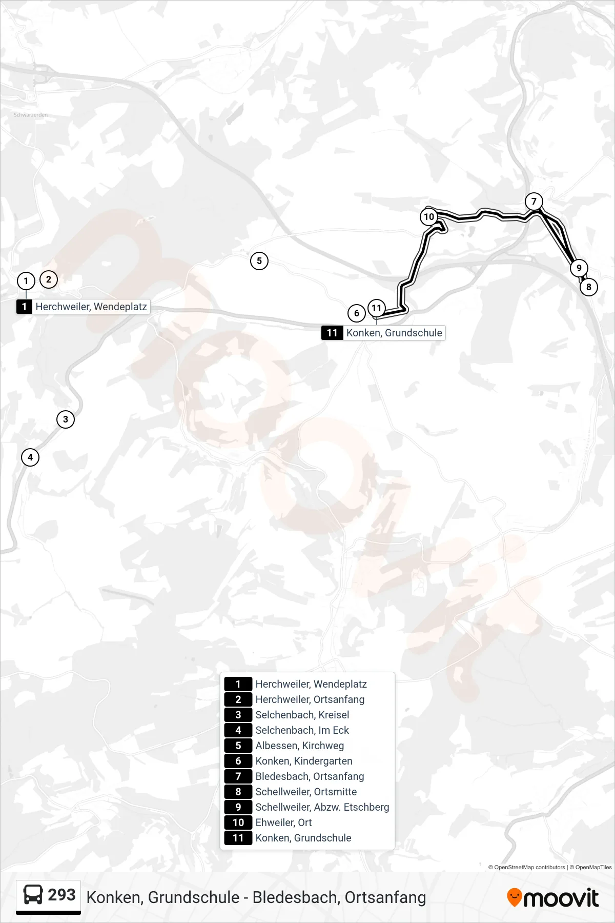 Linie 293 (Bus) Richtung Konken, Grundschule: Route und Haltestellen auf der Karte